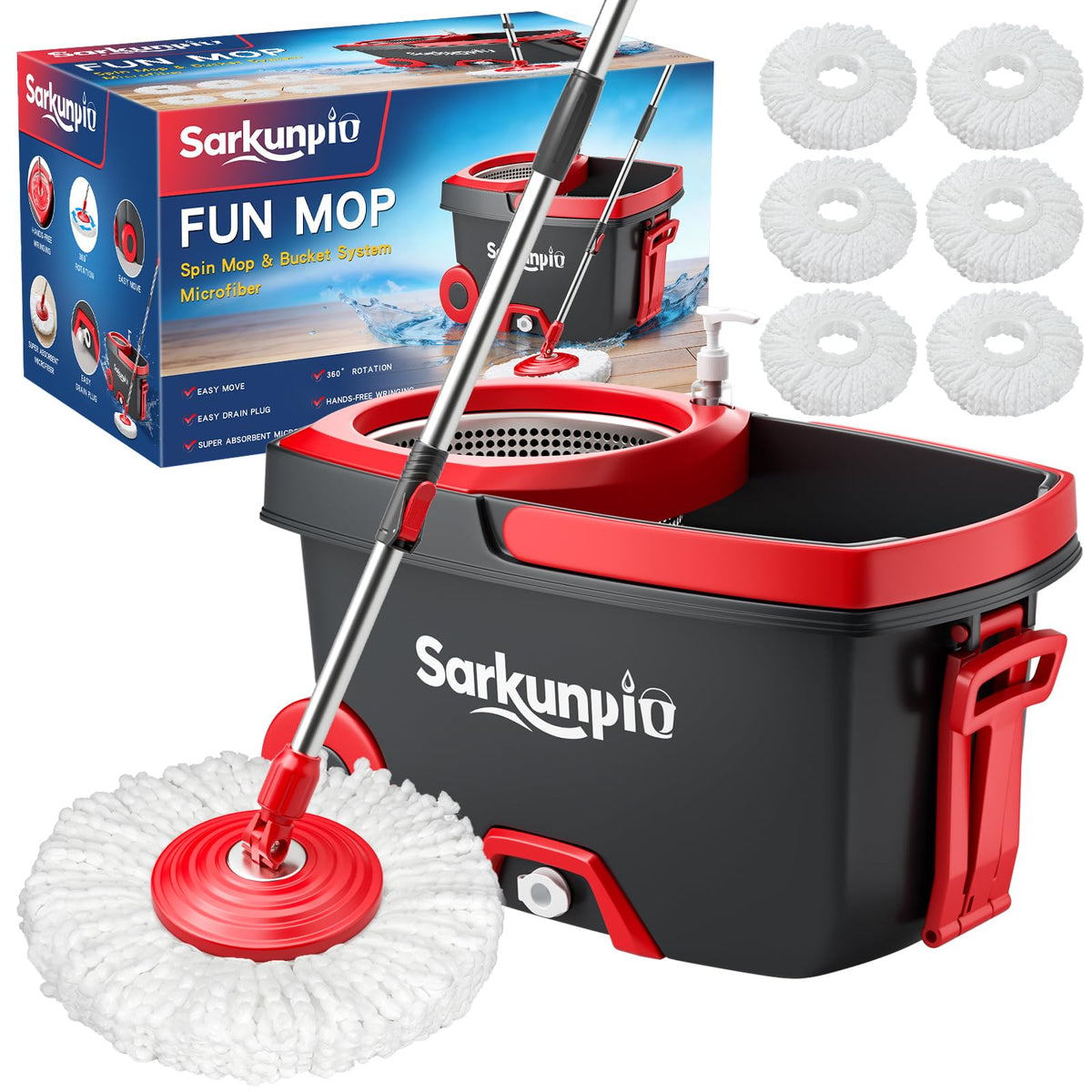 Sarkunpio Spin Mop and Bucket Set with 6 Microfiber Heads, Dark Grey