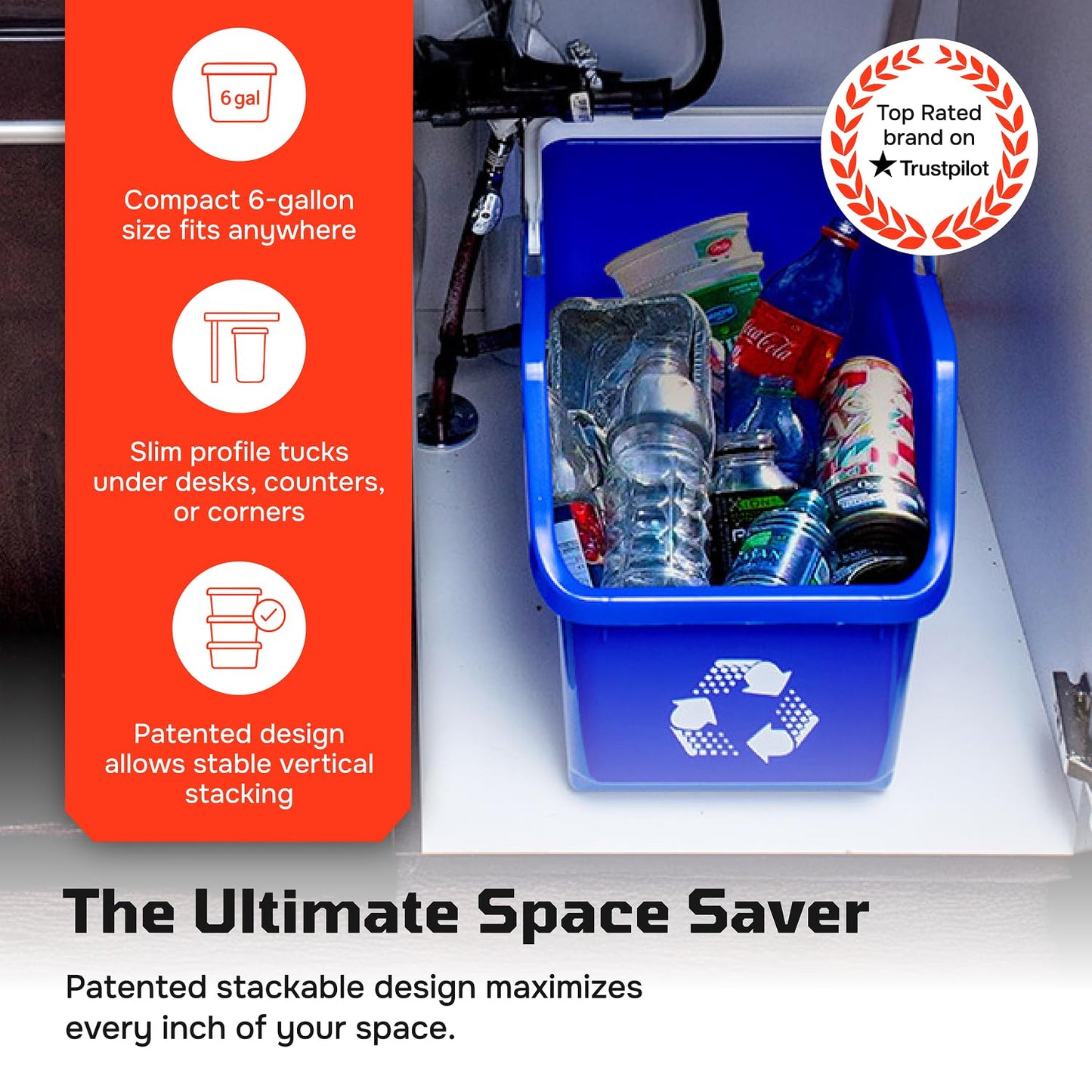 6 Gallon Stackable Recycling Bins for Homes, Garages, Offices Made of 100% Recycled Plastic - (Red