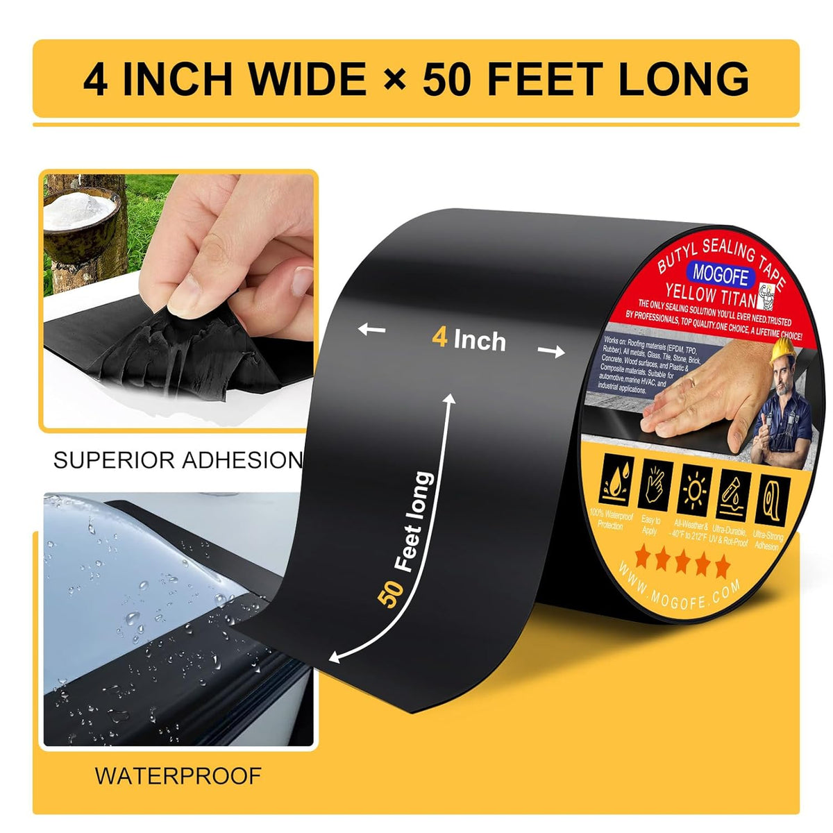 RV Roof Sealant Tape Black, 4 Inch x 50 Feet RV Repair Roof Sealer Seal Tape UV-Resistant