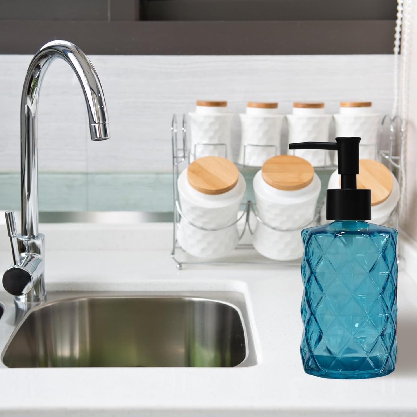 Blue Glass Soap Dispenser with Black Plastic Pump, 12oz Refillable Liquid Hand Soap Dispenser
