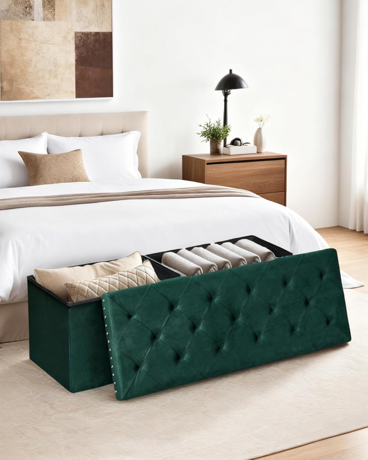 Velvet Storage Ottoman Bench, 43.3" Folding Ottoman with Rivet Trim, Heavy-Duty Upholstered