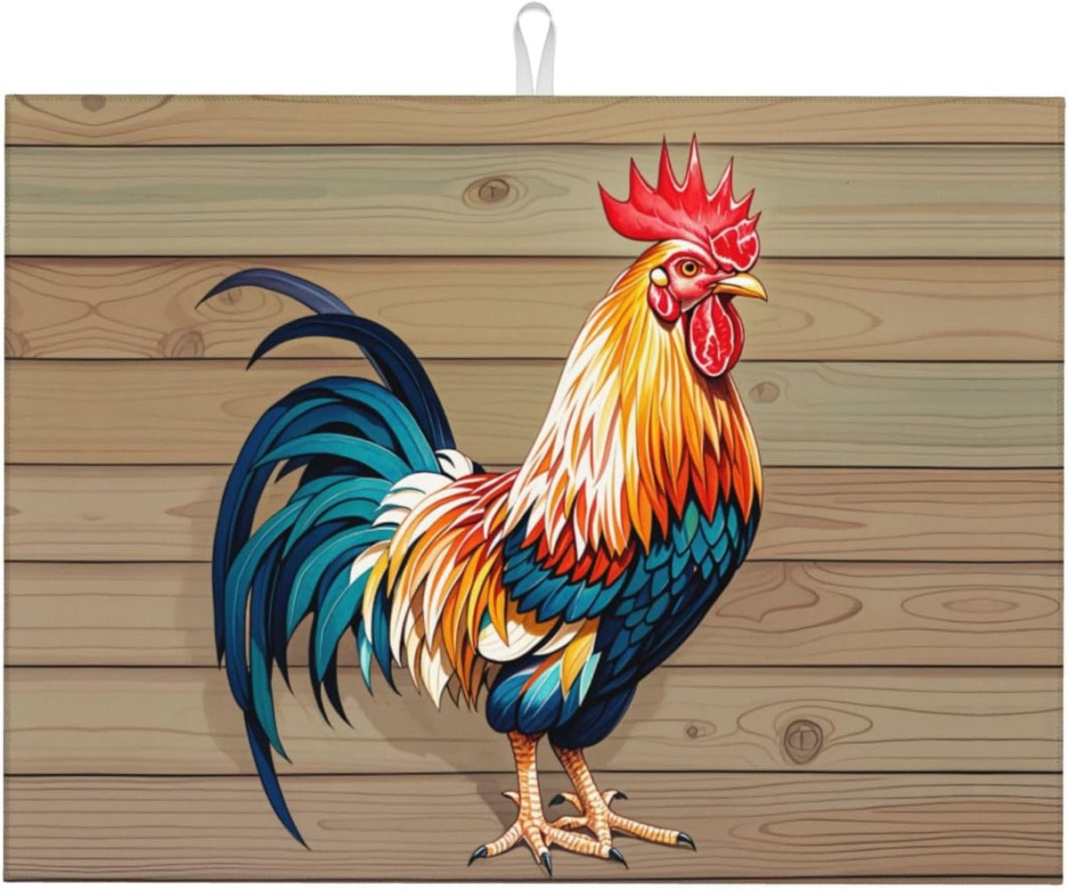 Rooster Dish Drying Mat Highly Absorbent Double-Sided Microfiber with Hanging Loop Reversible Drain