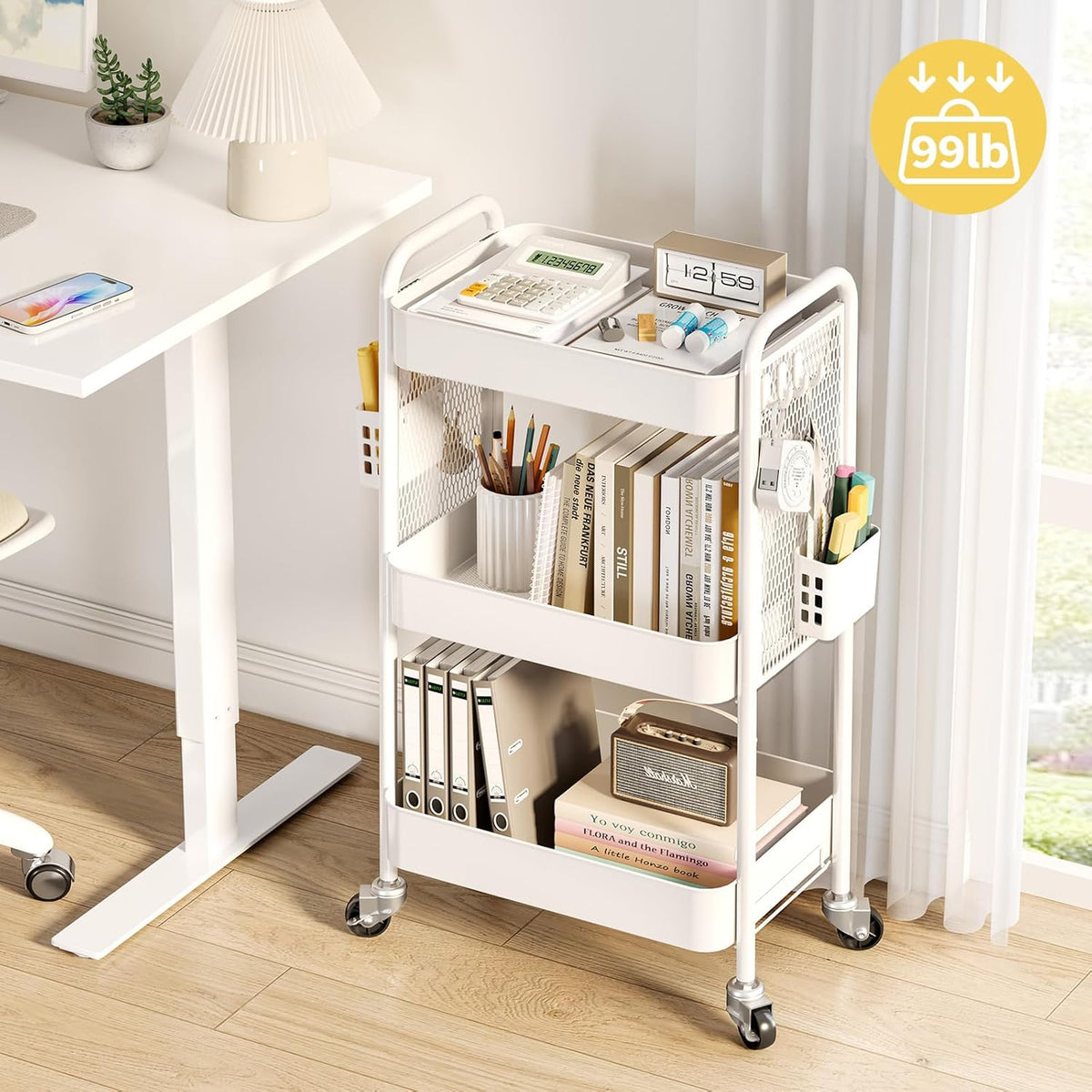 TOOLF 3 Tier Rolling Cart Storage Organizer, Metal Rolling Utility Cart with Wheels, Hooks & Bins