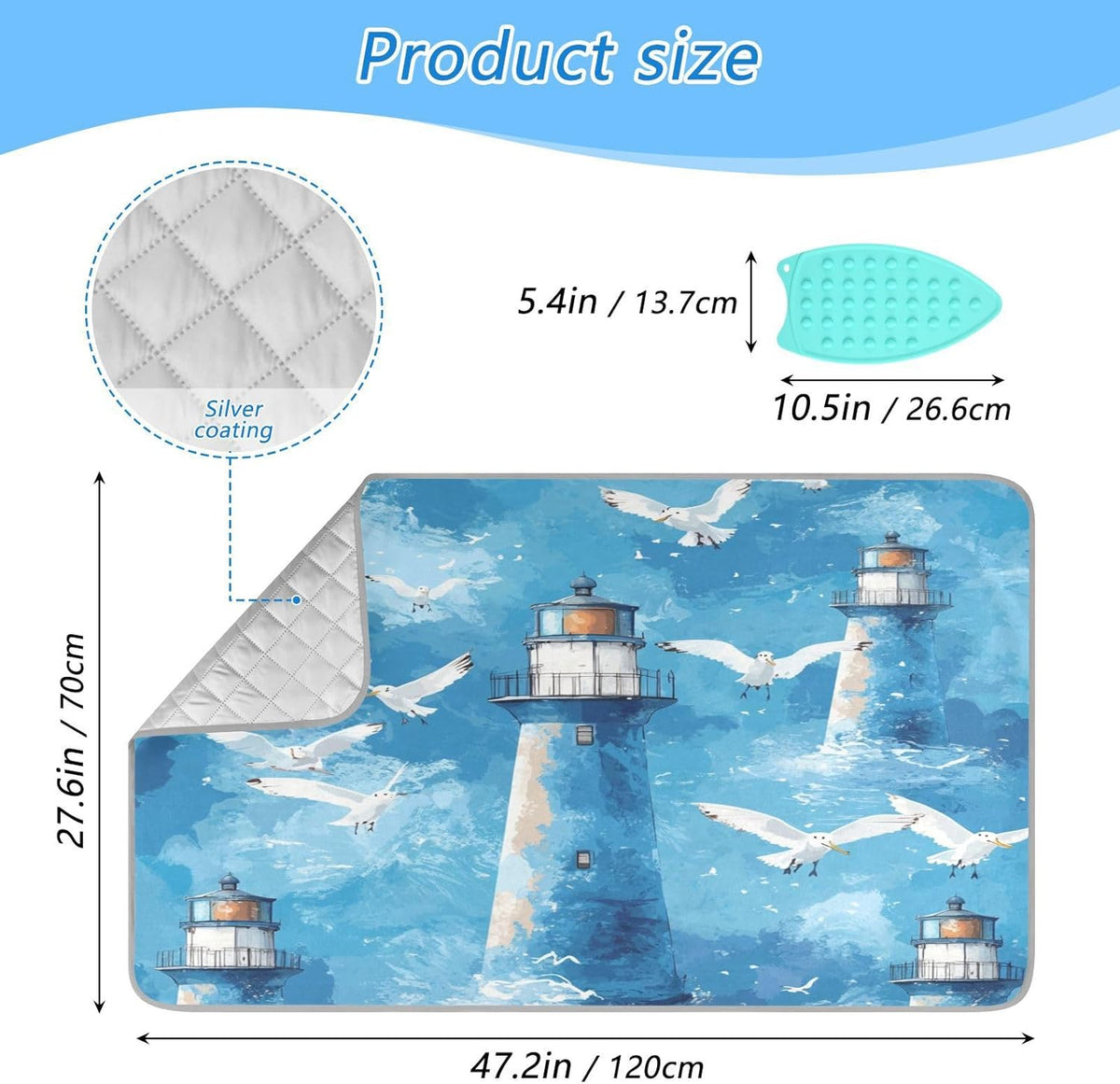 Watercolor Blue Lighthouses and Seagulls Ironing Mat Thickened Ironing Blanket Travel Portable