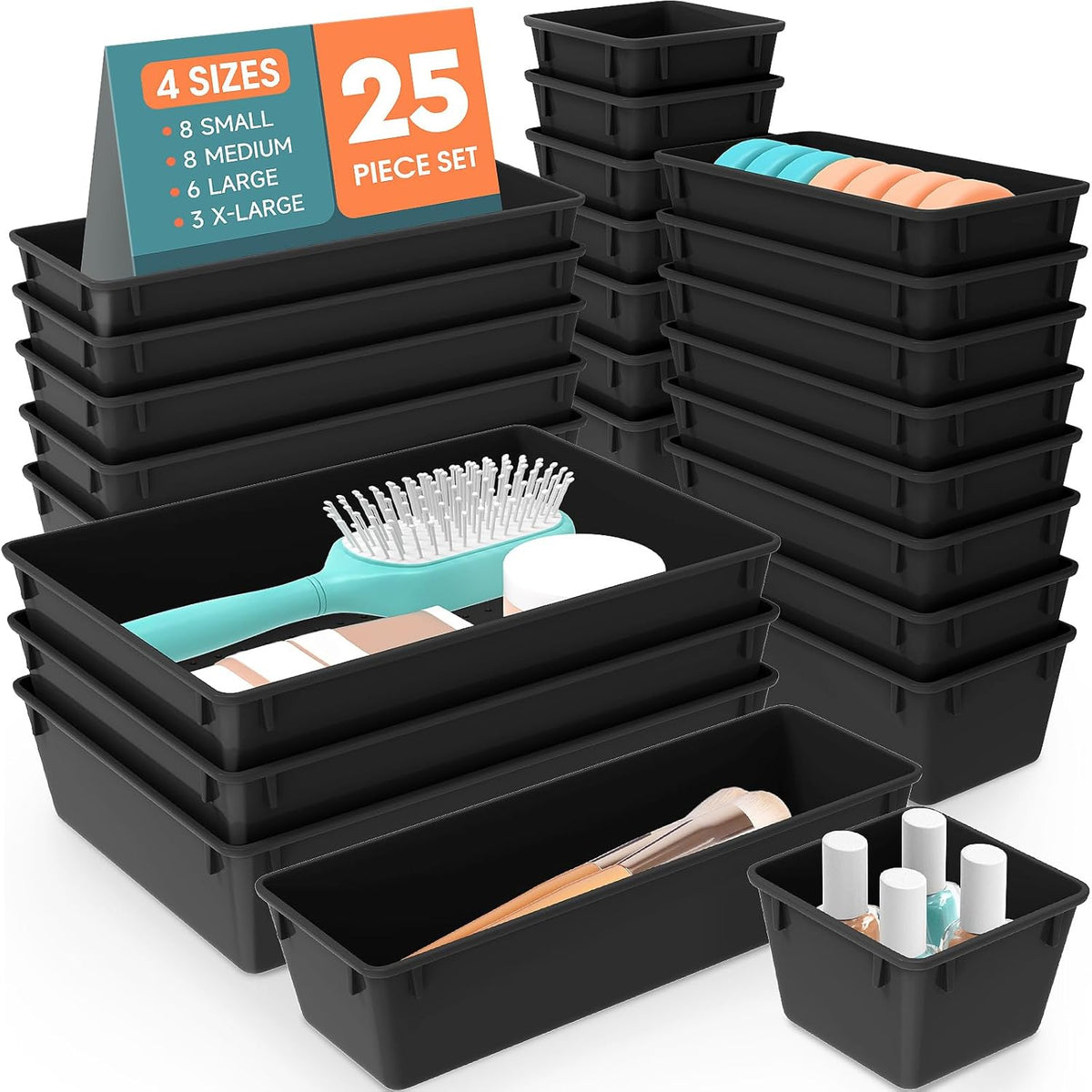 WOWBOX 25 PCS Plastic Drawer Organizer Set, Desk Drawer Divider Organizers and Storage Bins for