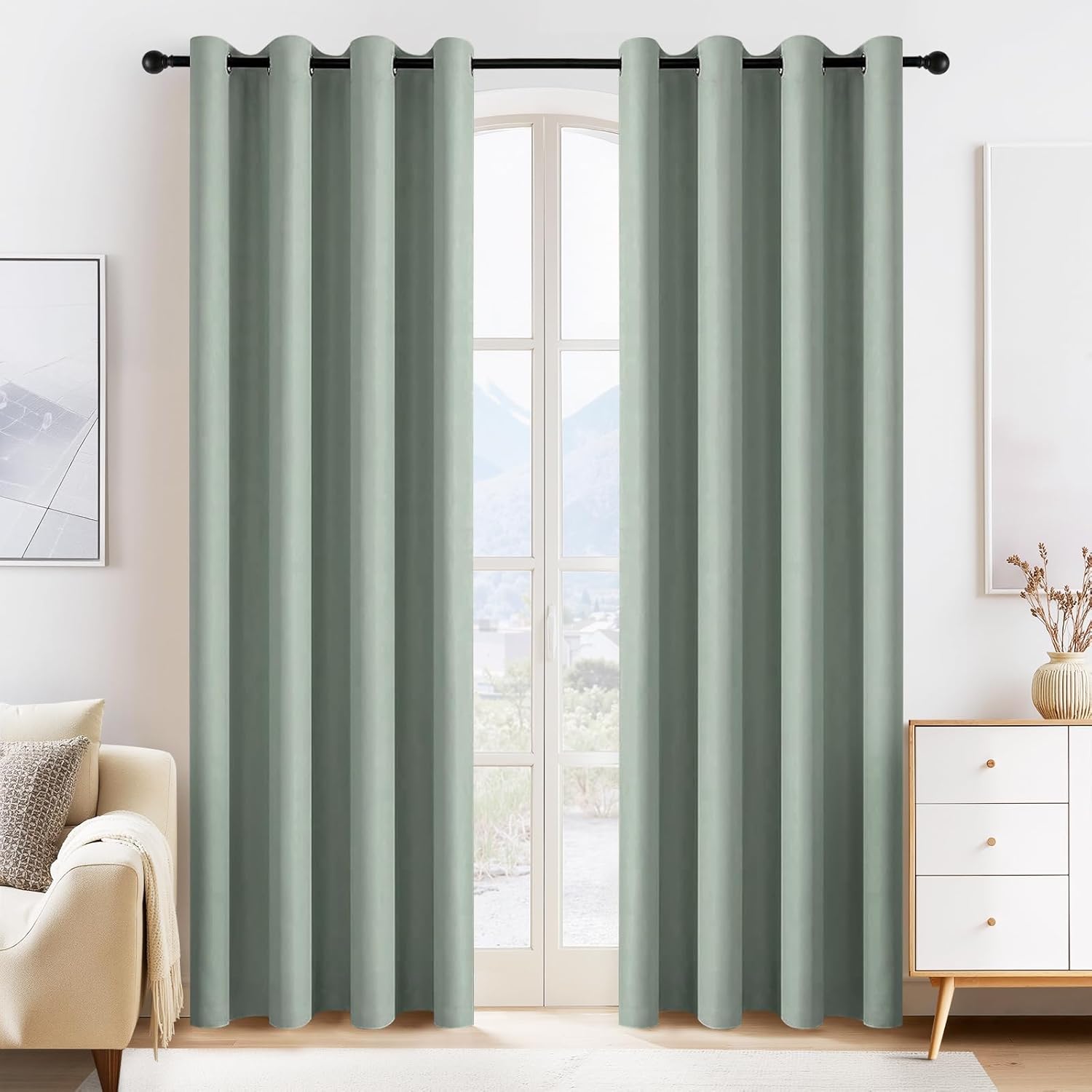 PONY DANCE Sage Green Curtains - 2 Panels Room Darkening Blackout Drapes for Living Room Grommet