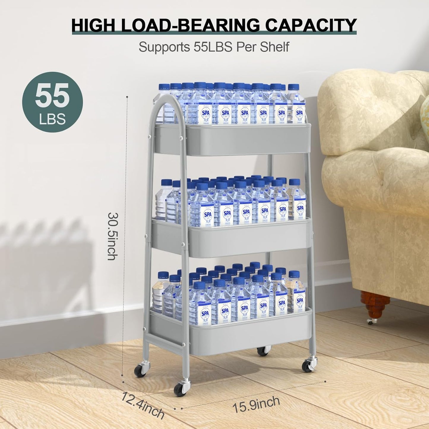 EAGMAK 3 Tier Utility Rolling Cart, Metal Storage Cart with Handle and Lockable Wheels