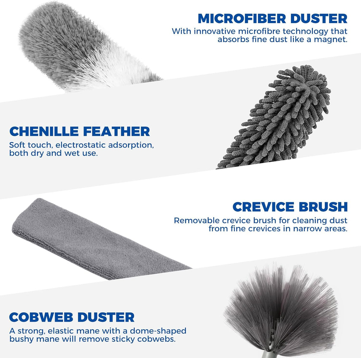 9Pcs Dusters for Cleaning Kit, Extendable Microfiber Duster Tools with 100" Long Pole, Retractable