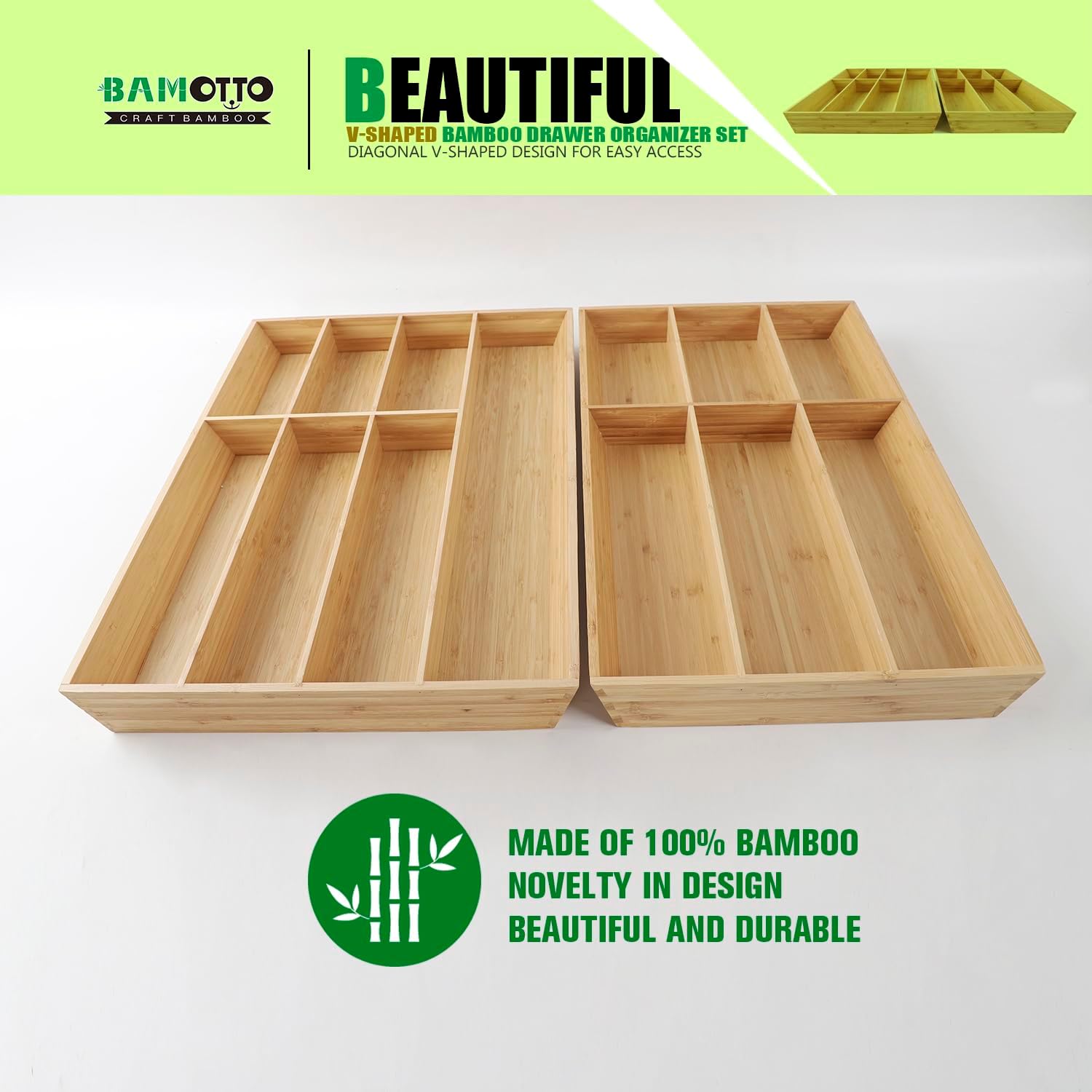 V-Shaped Extra Large Bamboo Drawer Organizer Set of 2, Kitchen Cutlery Tray Utensil Plate
