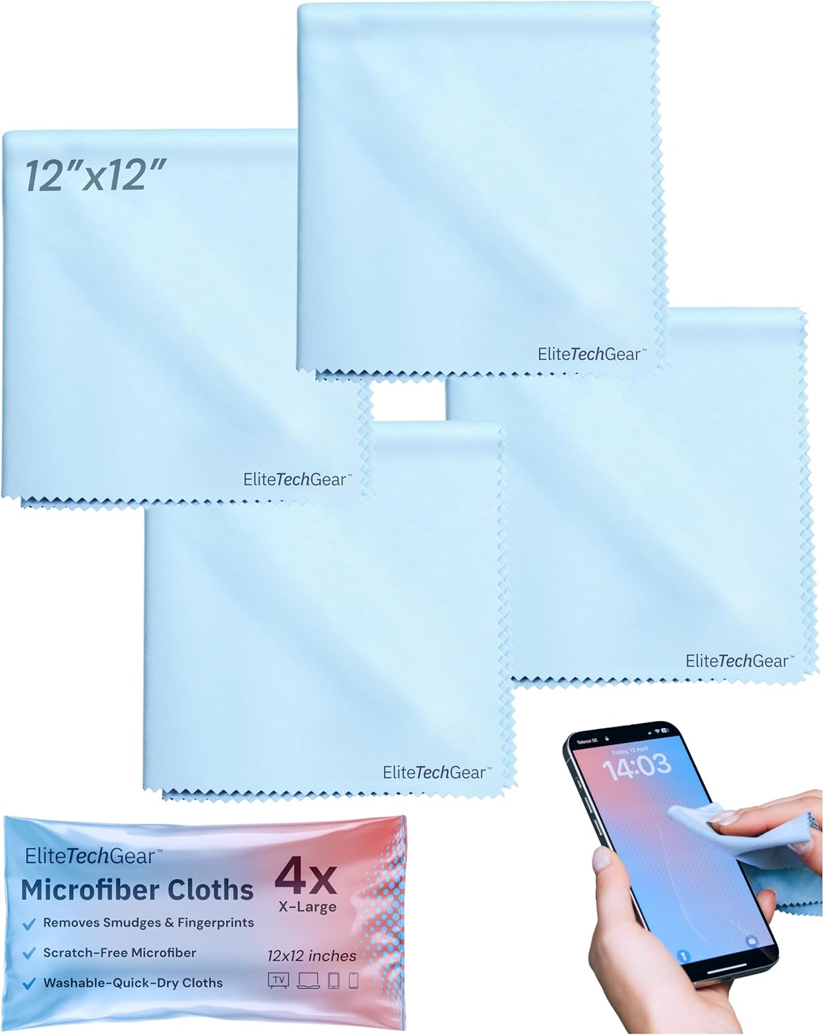 Elite Screens Microfiber Cleaning Cloth - 12 x 12 in, Pack of 4, Blue - Glasses Cleaning Cloth &