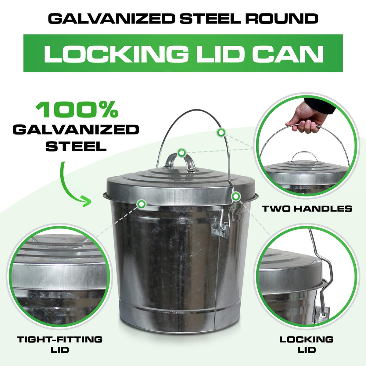 Plexon 6 Gallon Outdoor Trash Can with Lid Galvanized Metal Bucket with Locking Lid for Poultry