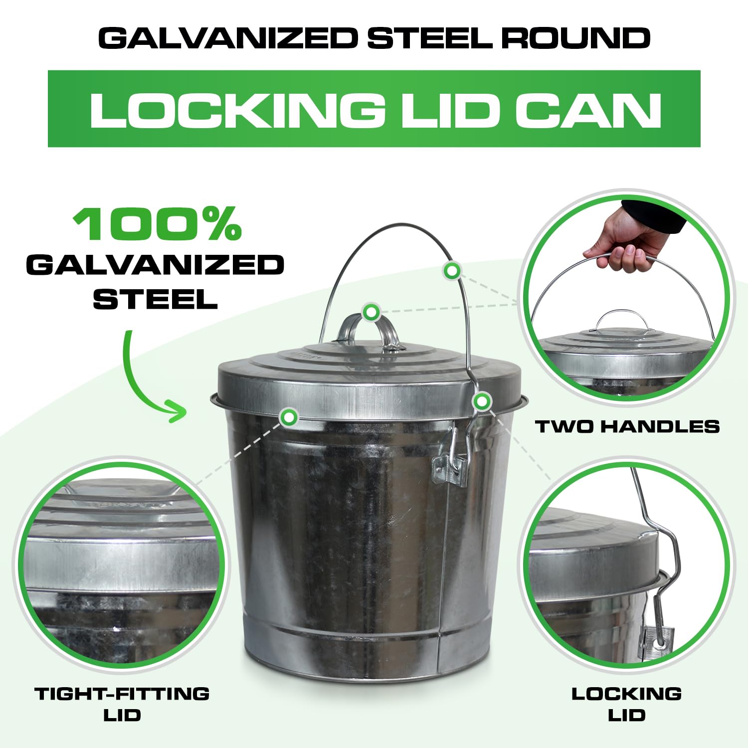 Plexon 6 Gallon Outdoor Trash Can with Lid Galvanized Metal Bucket with Locking Lid for Poultry