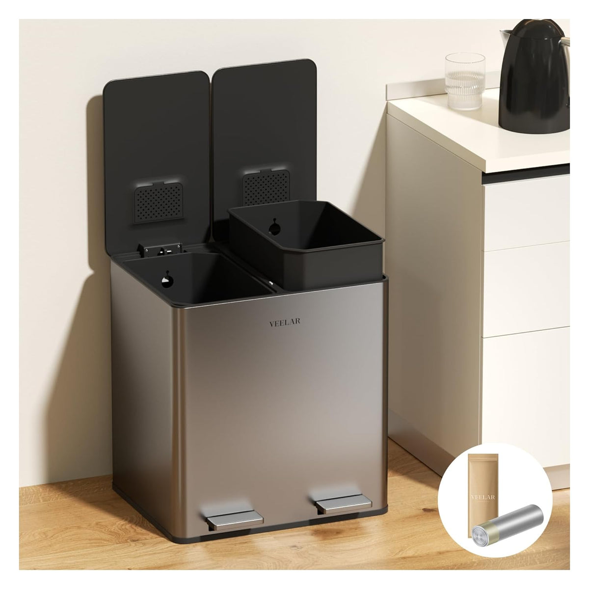 Kitchen Dual Trash Can - Double Touchless Garbage Bins 2 x 4 Gallon (2 x 15 L) with Lid, Stainless