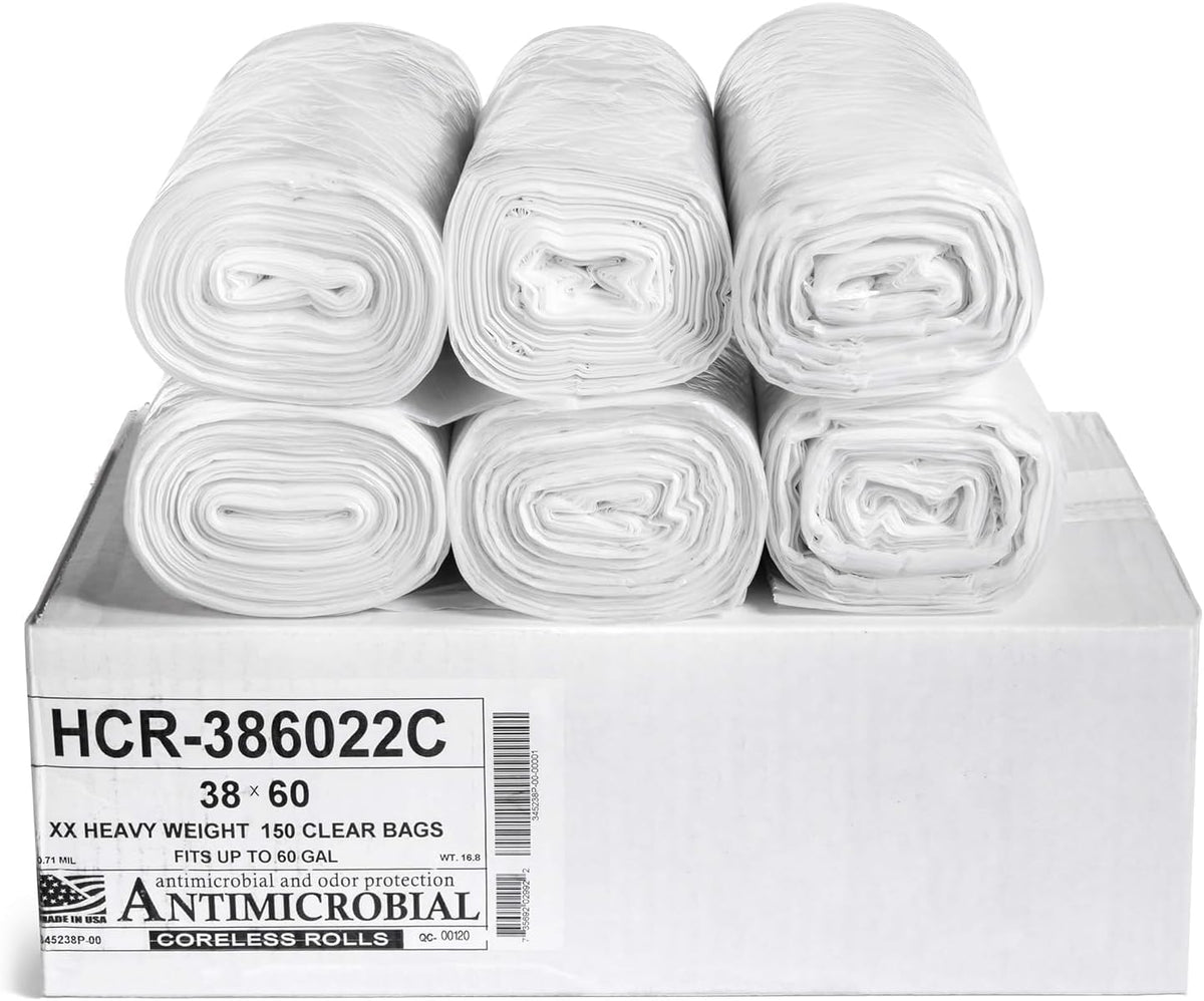 Aluf Plastics High Density Trash Bags, 60 Gallon, 150 Count, 22 Micron (eq), 38" x 60", Clear, for
