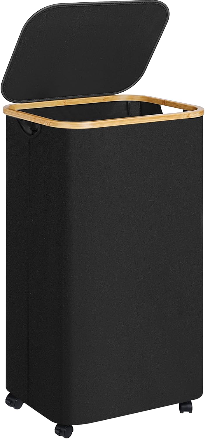 Laundry Basket with Wheels,100L Hampers for Laundry,Black Large Laundry Hamper with Lid and Bamboo