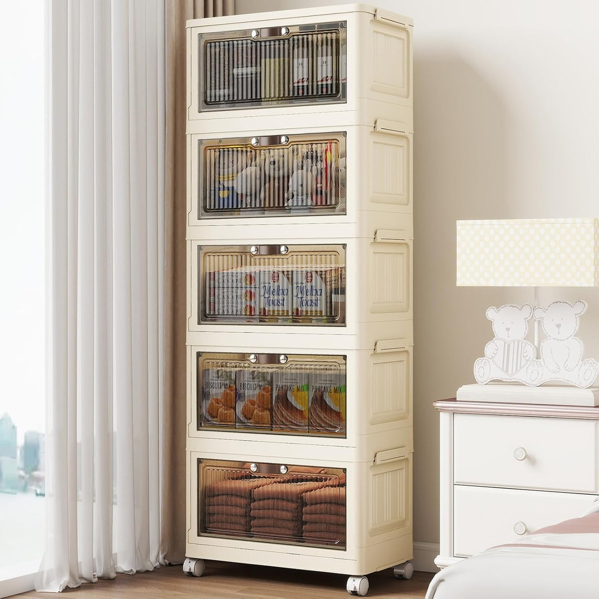 5 Tier - 48QT Storage Bins with Lids, Collapsible Storage Bins with Doors and Wheels, Plastic