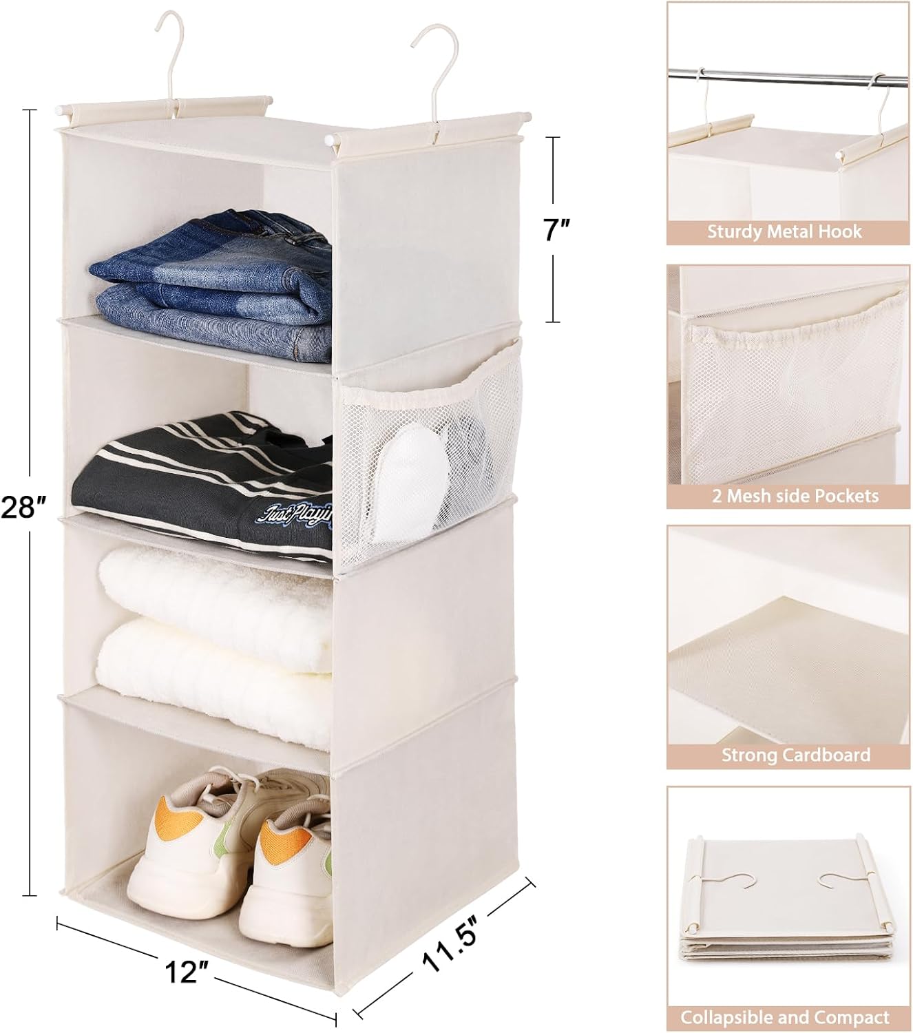 MAX Houser 4 Tier Shelf Hanging Closet Organizer, Closet Hanging Shelf with 2 Sturdy Hooks for