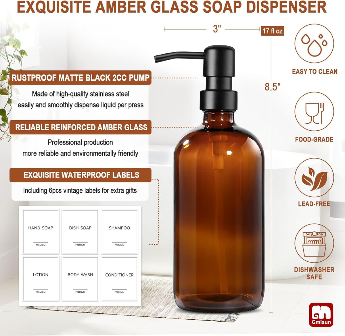 GMISUN Shampoo and Conditioner Dispenser, 3 Pack Amber Glass Bathroom Shampoo Conditioner Body Wash