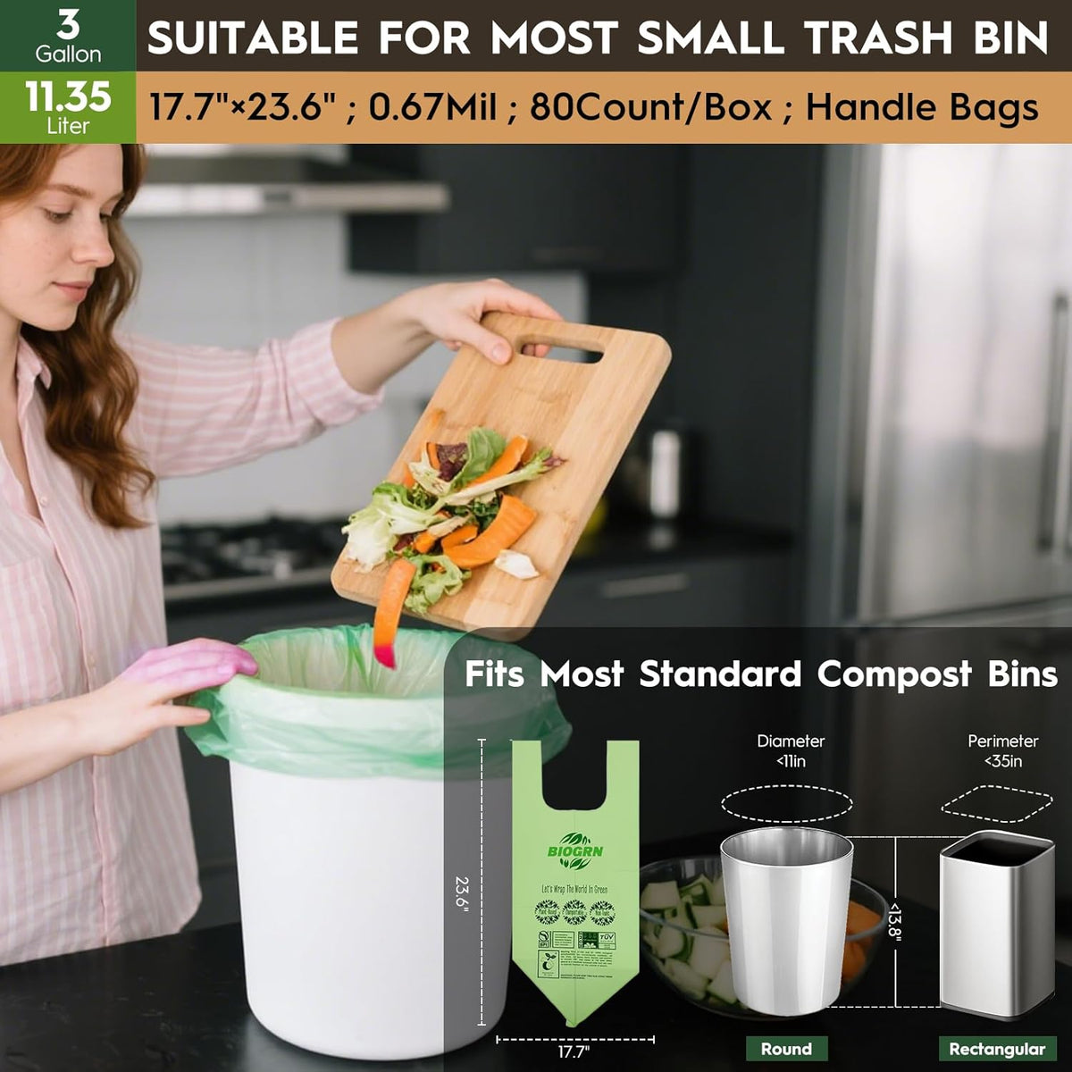 2.6-3 Gallon Compostable Trash Bags with Handles 80 Count 0.67 Mil 11.36 L Small Kitchen Wet Food
