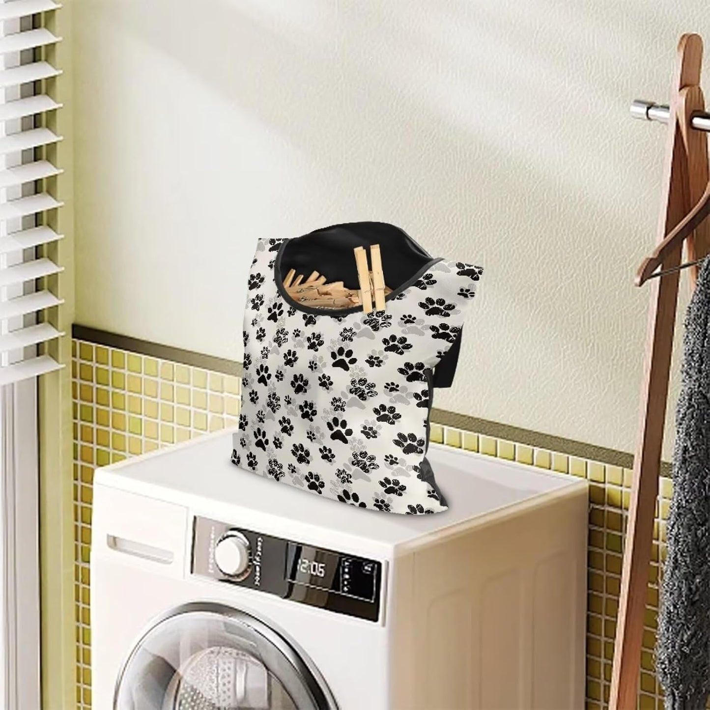 Dog Paw Print Clothespin Bag with Hanging Hook Summer Laundry Clothes Pin Holder Waterproof Clothes