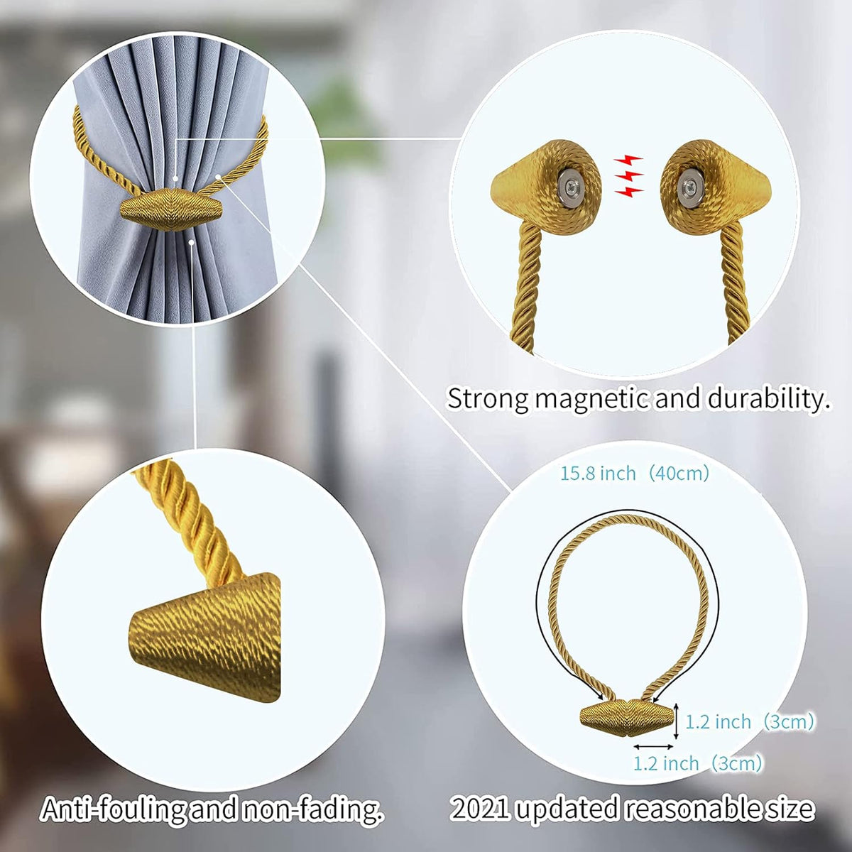 Hion Magnetic Curtain Tiebacks Golden 2pcs, Curtain Tiebacks Buckles Holdbacks Holders Hooks Clip