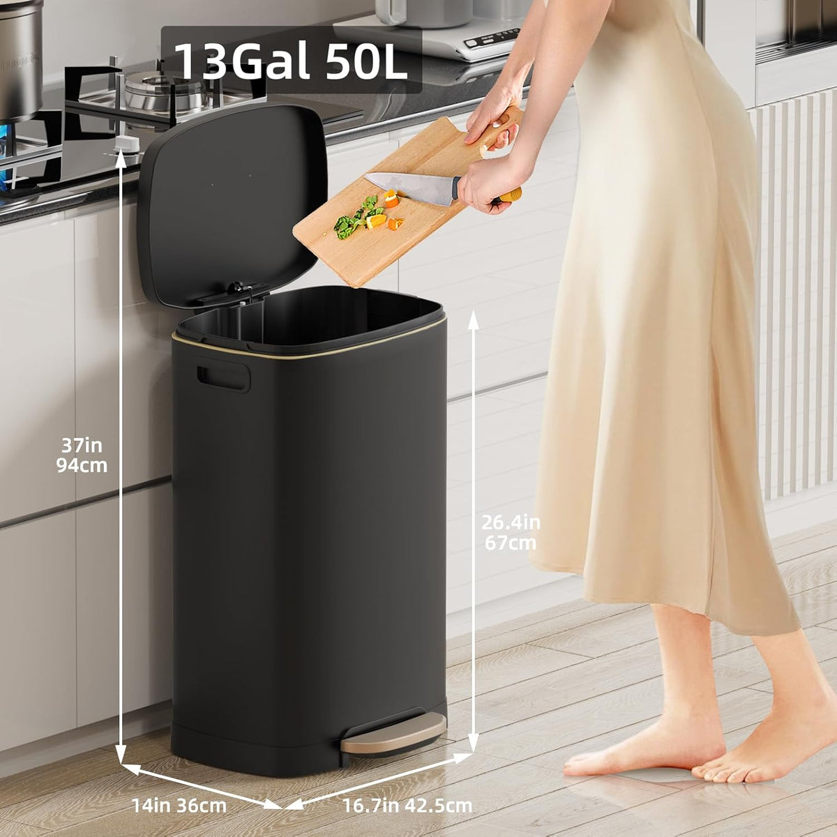 KUK 13 Gallon Kitchen Trash Can with Lid, 50L/13Gal Office Step Garbage Can for Home, Kitchen