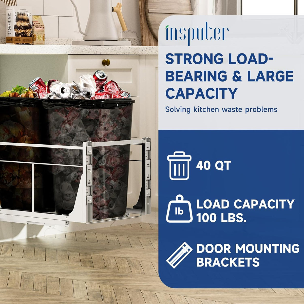 Insputer Double Pull Out Trash Can Under Cabinet with Push to Open Slides, Heavy Duty Under Sink