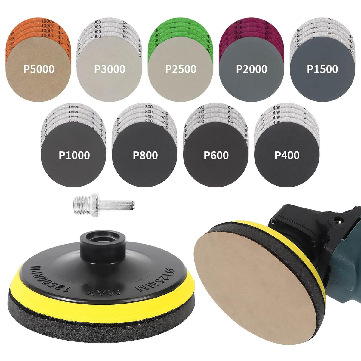 45PCS 5 Inch Wet Dry Sanding Discs Kit with Hook and Loop Backing Pad 5/8-11 and Foam, Angle