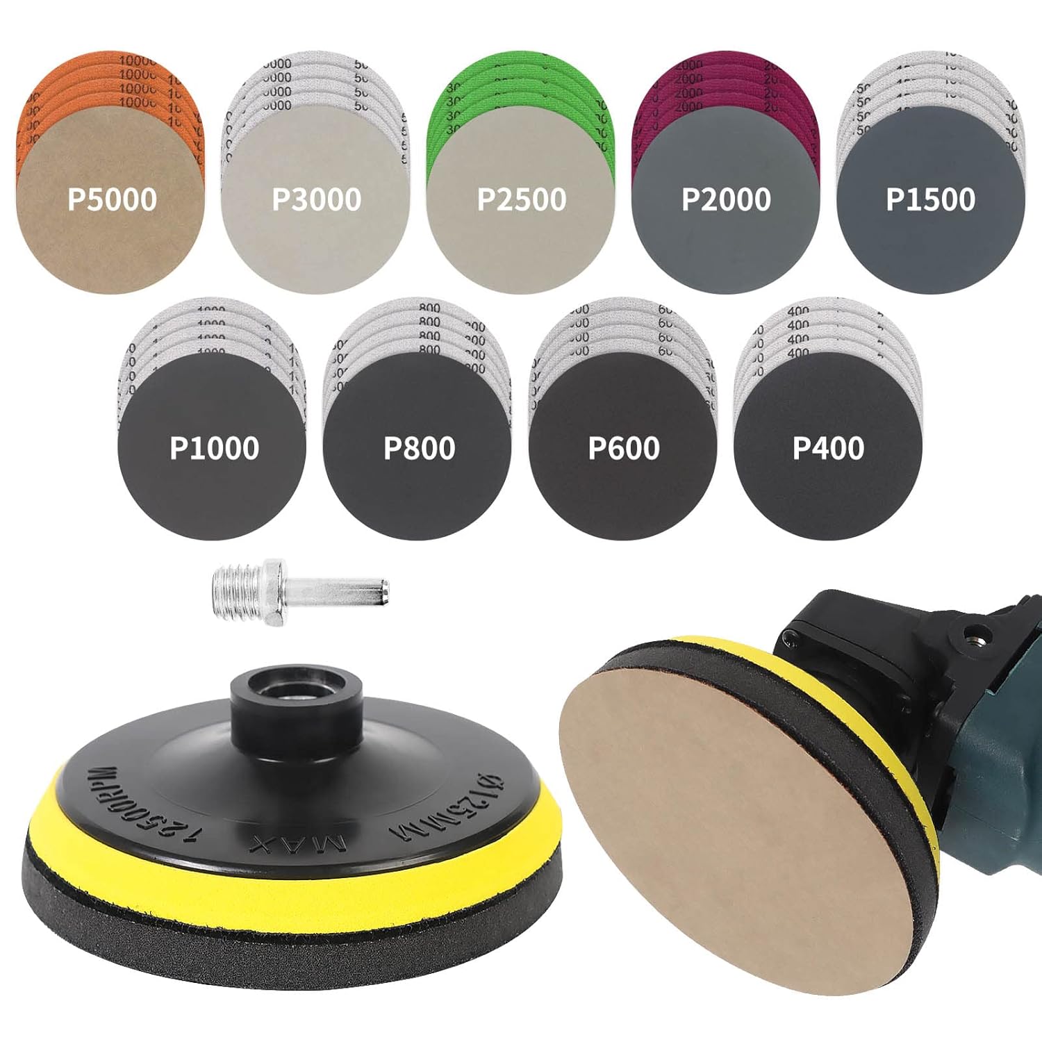 45PCS 5 Inch Wet Dry Sanding Discs Kit with Hook and Loop Backing Pad 5/8-11 and Foam, Angle