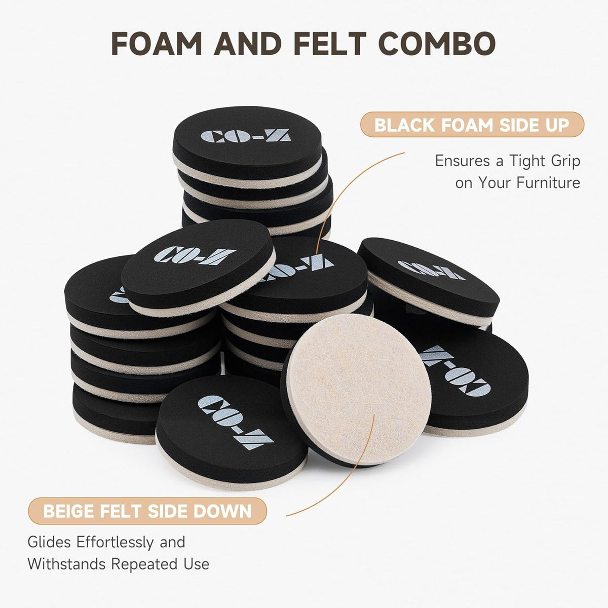 CO-Z 24pcs Felt Furniture Sliders for Hardwood Floors, 2 1/2 in Reusable Furniture Pads, Heavy
