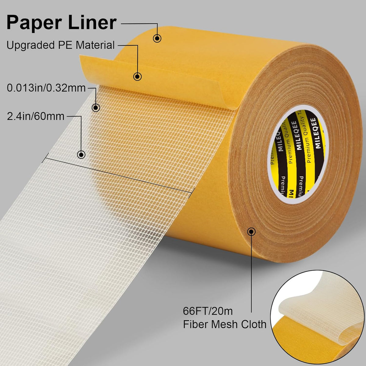 Double-Sided Mesh Carpet Tape Heavy Duty, 2.4in x 66FT (20m), Large Durable Duct Cloth Tape, High