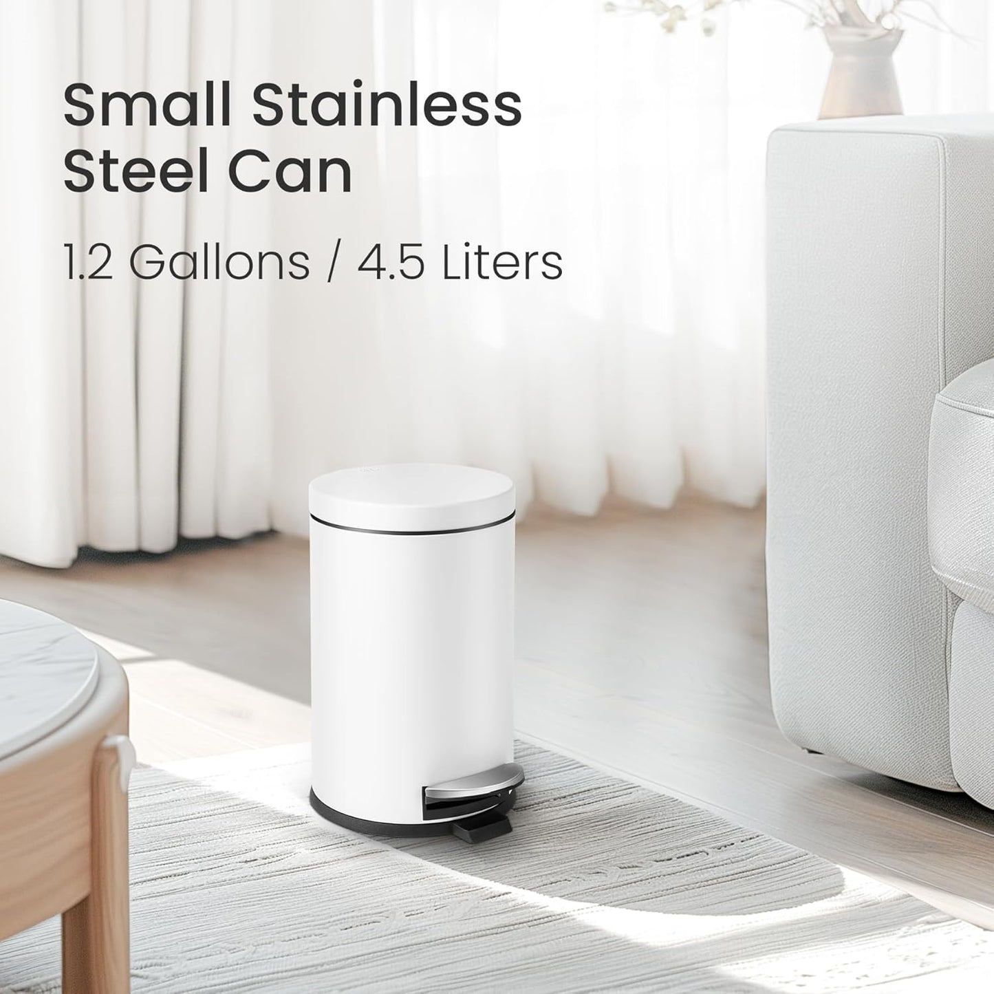 Cesun 1.2 Gallons Small Trash Can with Lid, White Bathroom Garbage Can with Foot Pedal, Mini Round