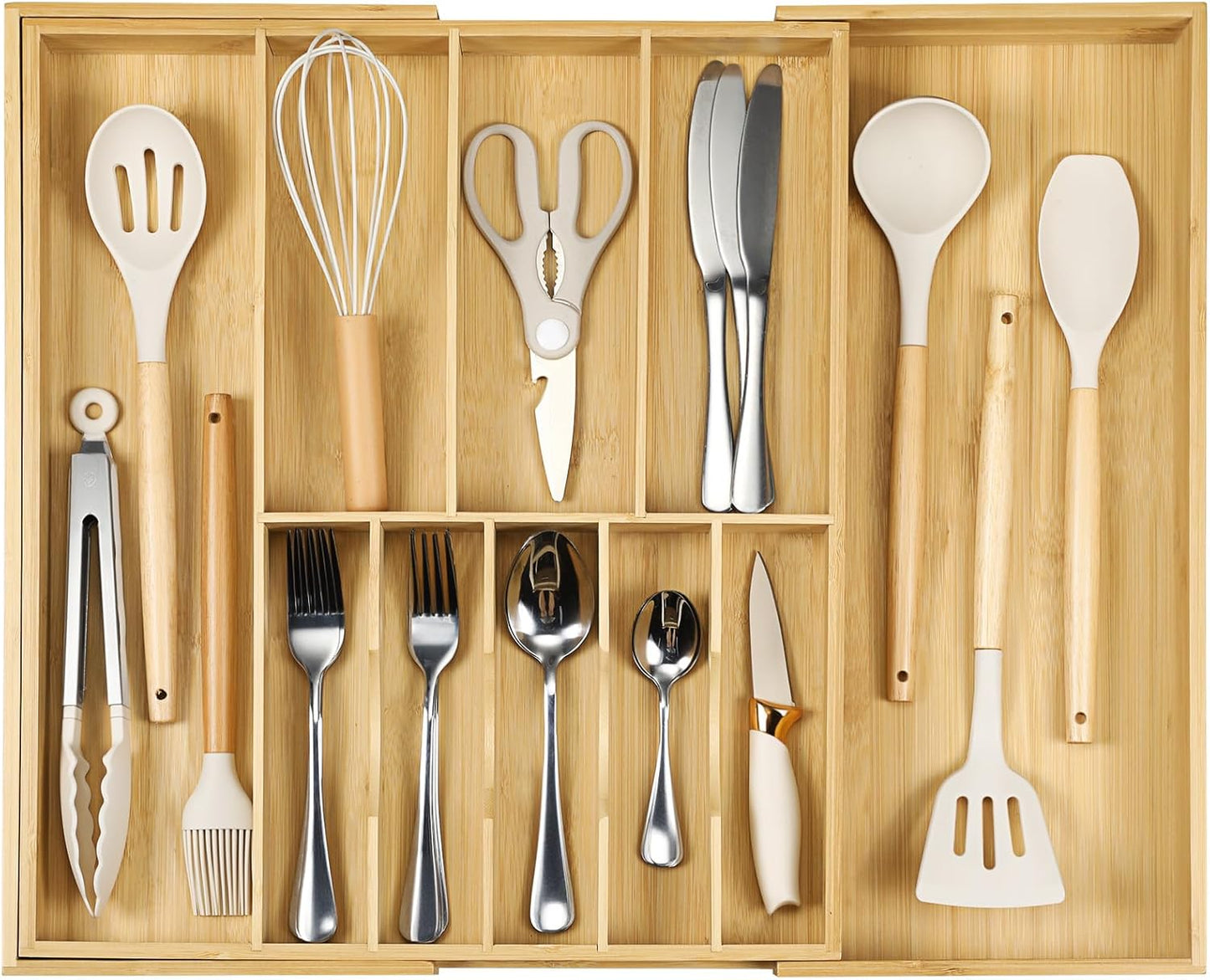 Fabsome Silverware Organizer for Cabinet Drawer, Expandable from 16.7'' to 30'' Wide Bamboo Wood