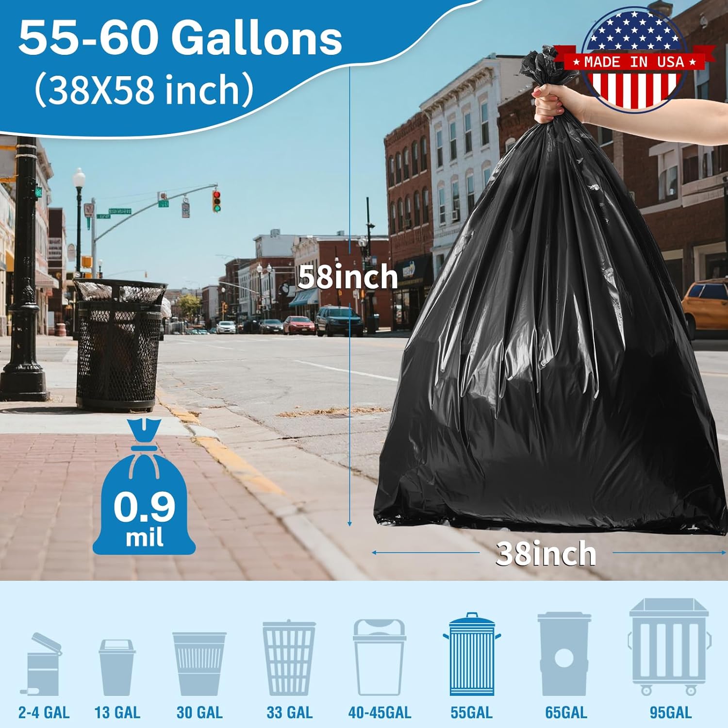 Heavy Duty Trash Bags 55-60 Gallon, Black - 100 Count Bulk Pack | 38" x 58" | Durable &