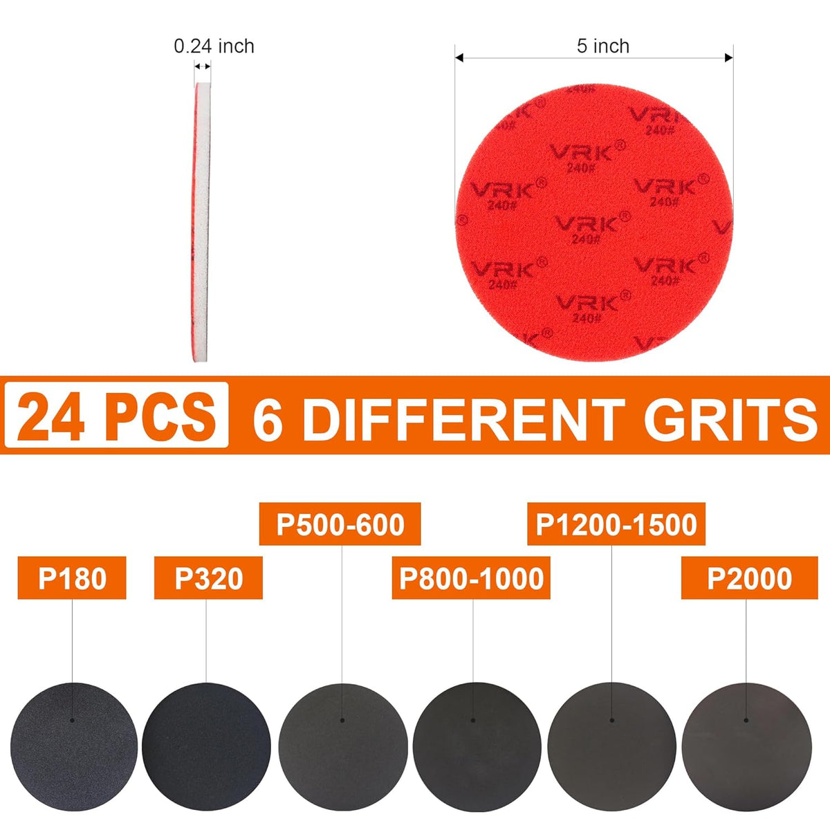 24 PCS 5 Inch Sanding Sponge Discs with Hook and Loop Backing - Multiple Grits 180 to 2000 for
