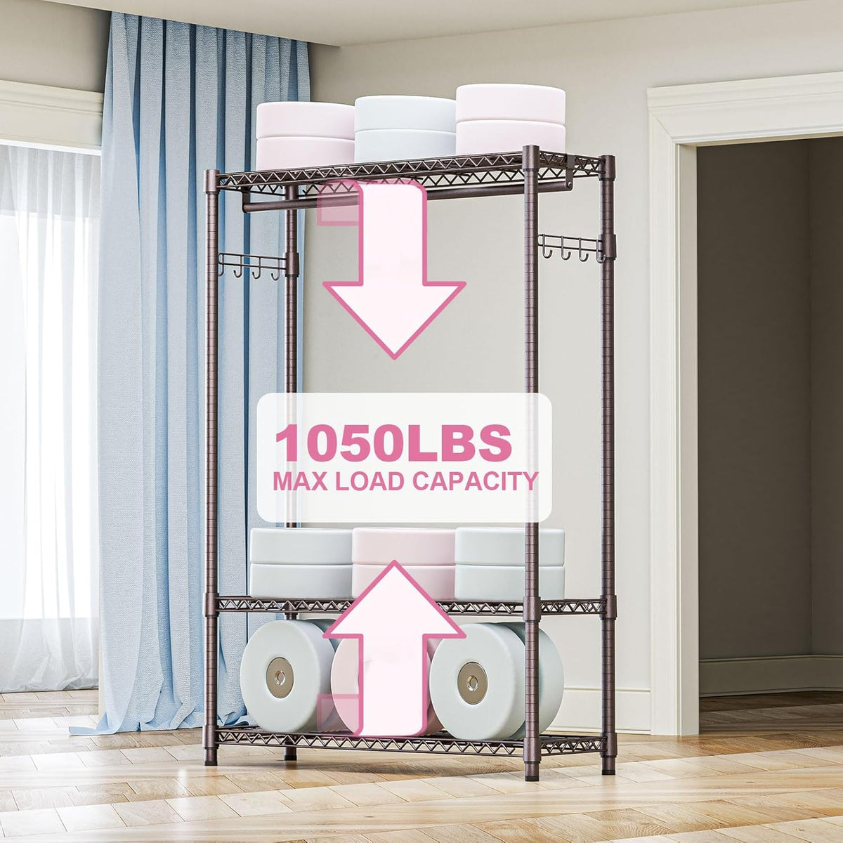 Heavy Duty Rolling Garment Rack 3 Tiers Adjustable Wire Shelving Clothes Rack with 1 Rods and Side