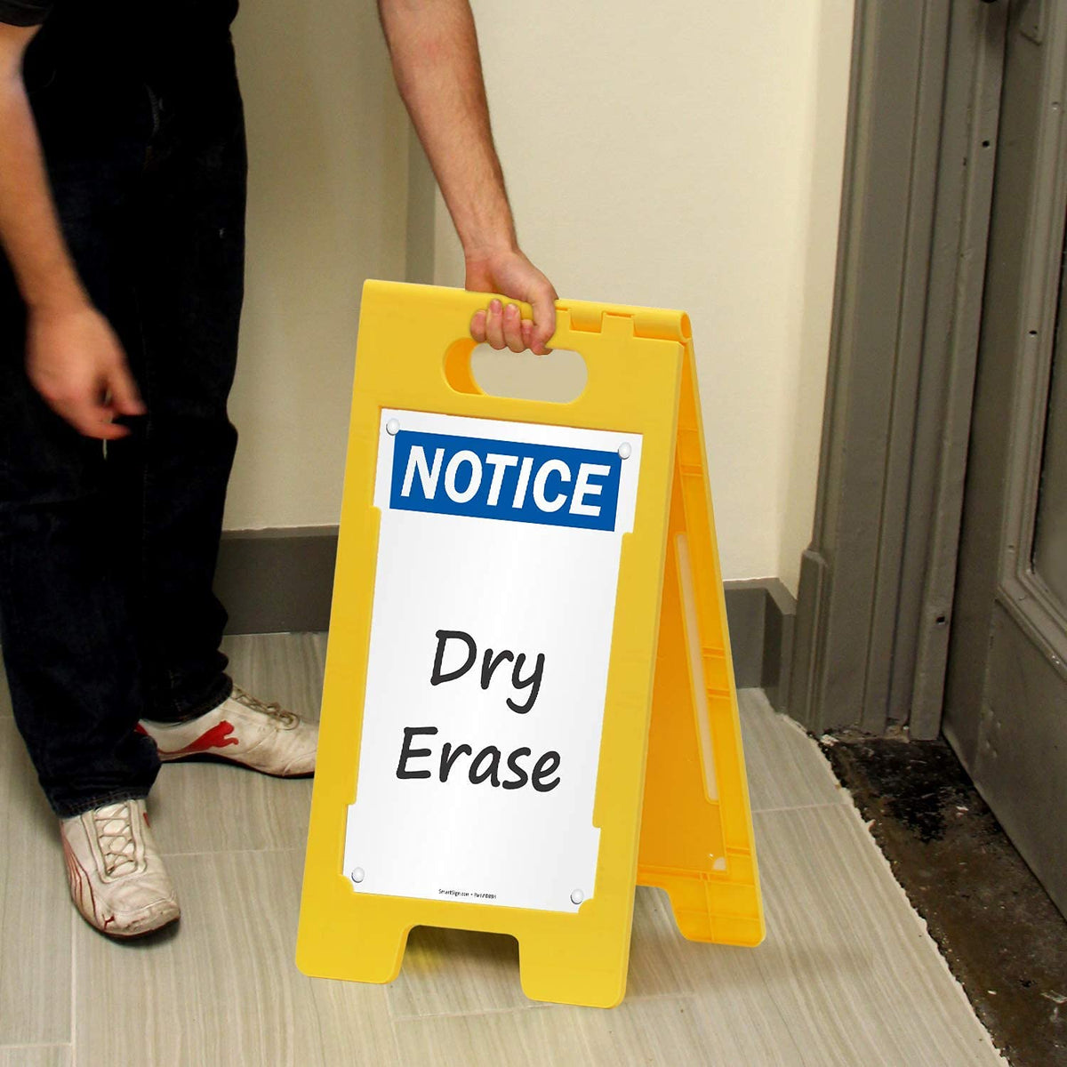 SmartSign 25 x 12 inch “Notice” Write-On Two-Sided Folding Floor Sign, Dry Erase, Digitally Printed