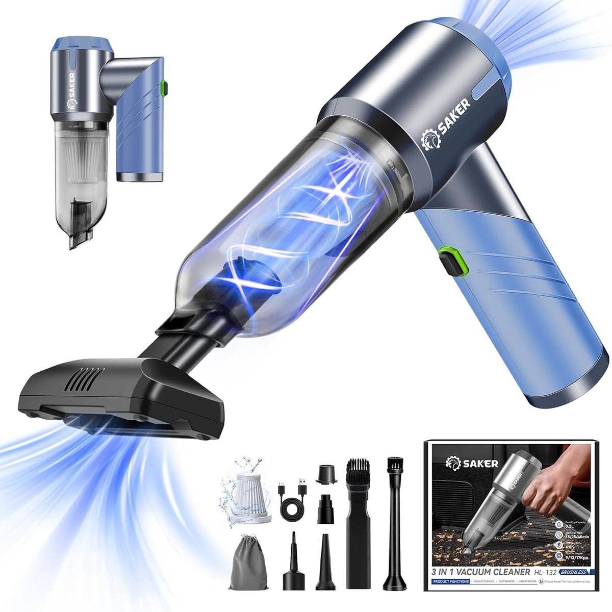 Saker Portable Car Vacuum Cleaner Cordless High Power 17000PA 3 in 1 Foldable Handheld Vacuum