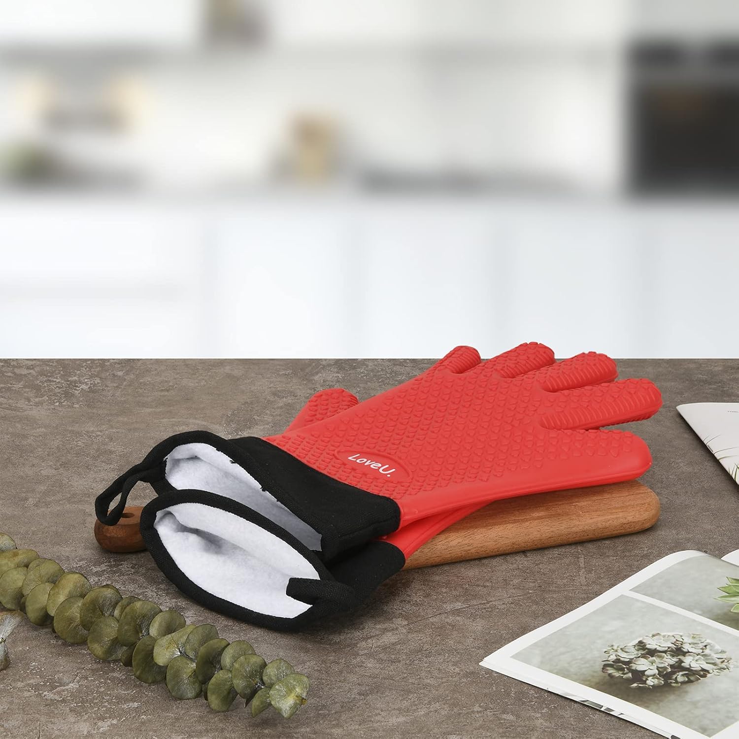 Kitchen Oven Gloves - Dual-Layer Heat Resistant Grilling Gloves, Silicone Oven Mitts with 5