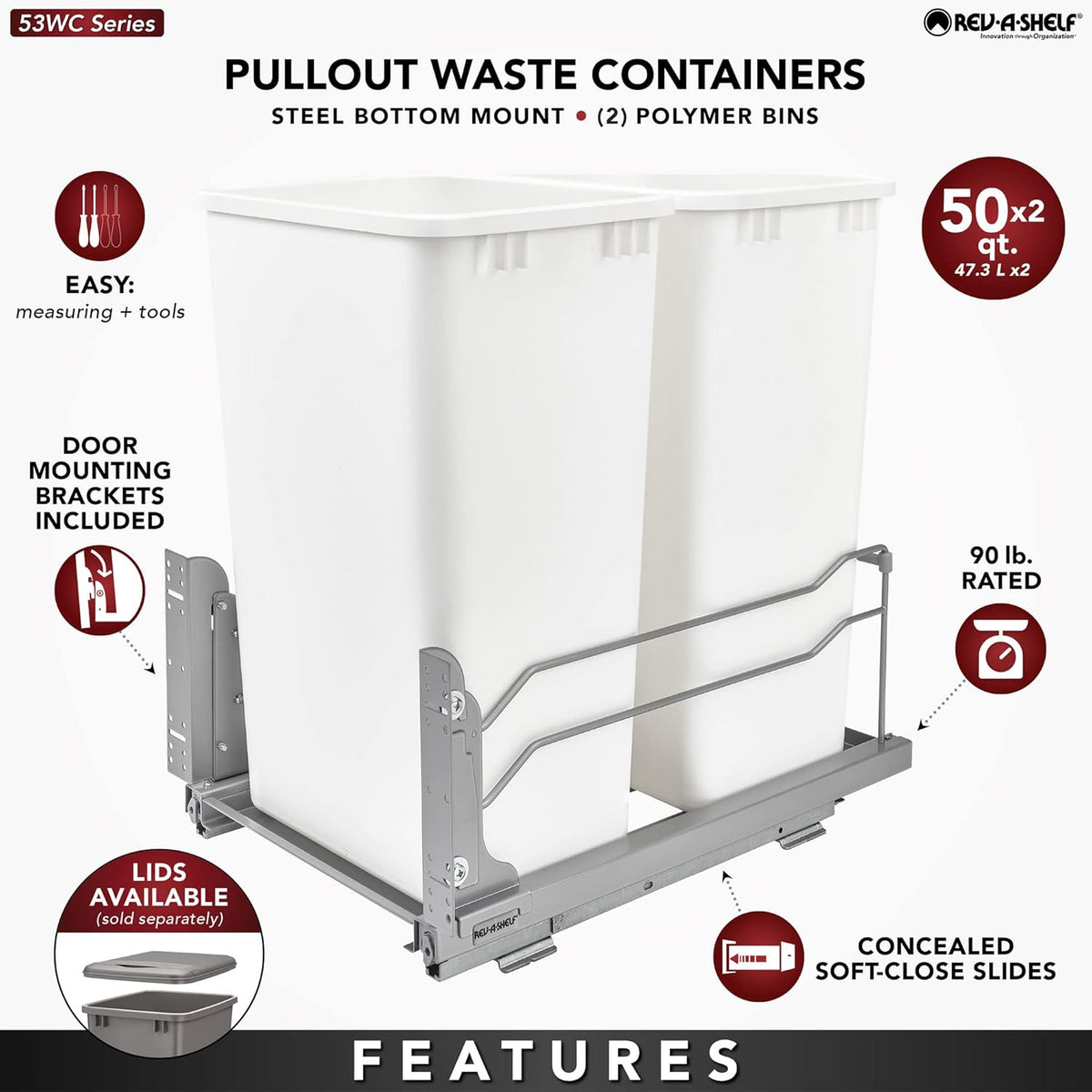 Rev-A-Shelf Double Pullout Trash Cans for Full Height Kitchen Cabinets 50 Quart 12.5 Gallon with