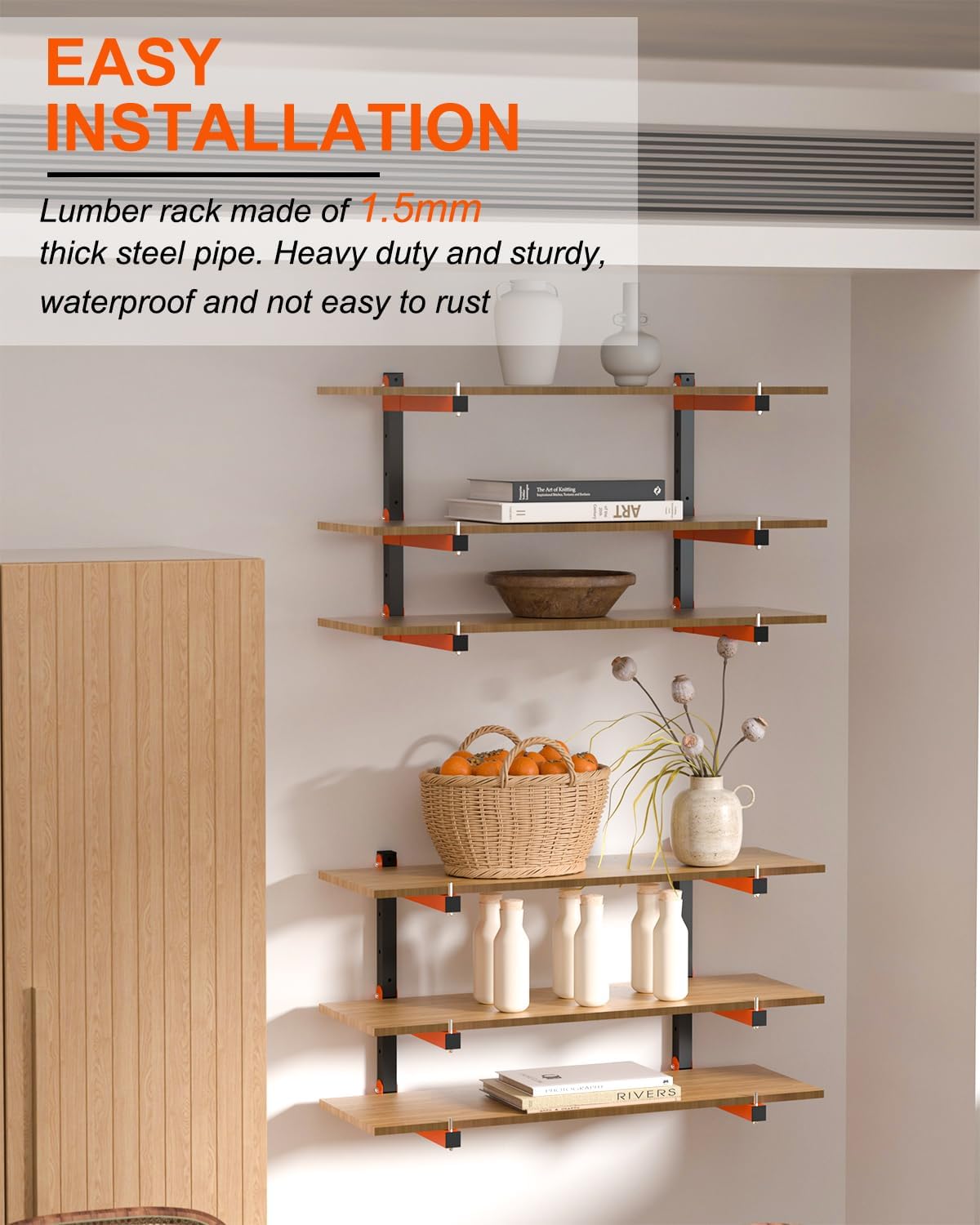 Lumber Storage Rack Wall-Mounted Lumber Racks Heavy Duty Wood Storage Rack with 9-Level Holds Up