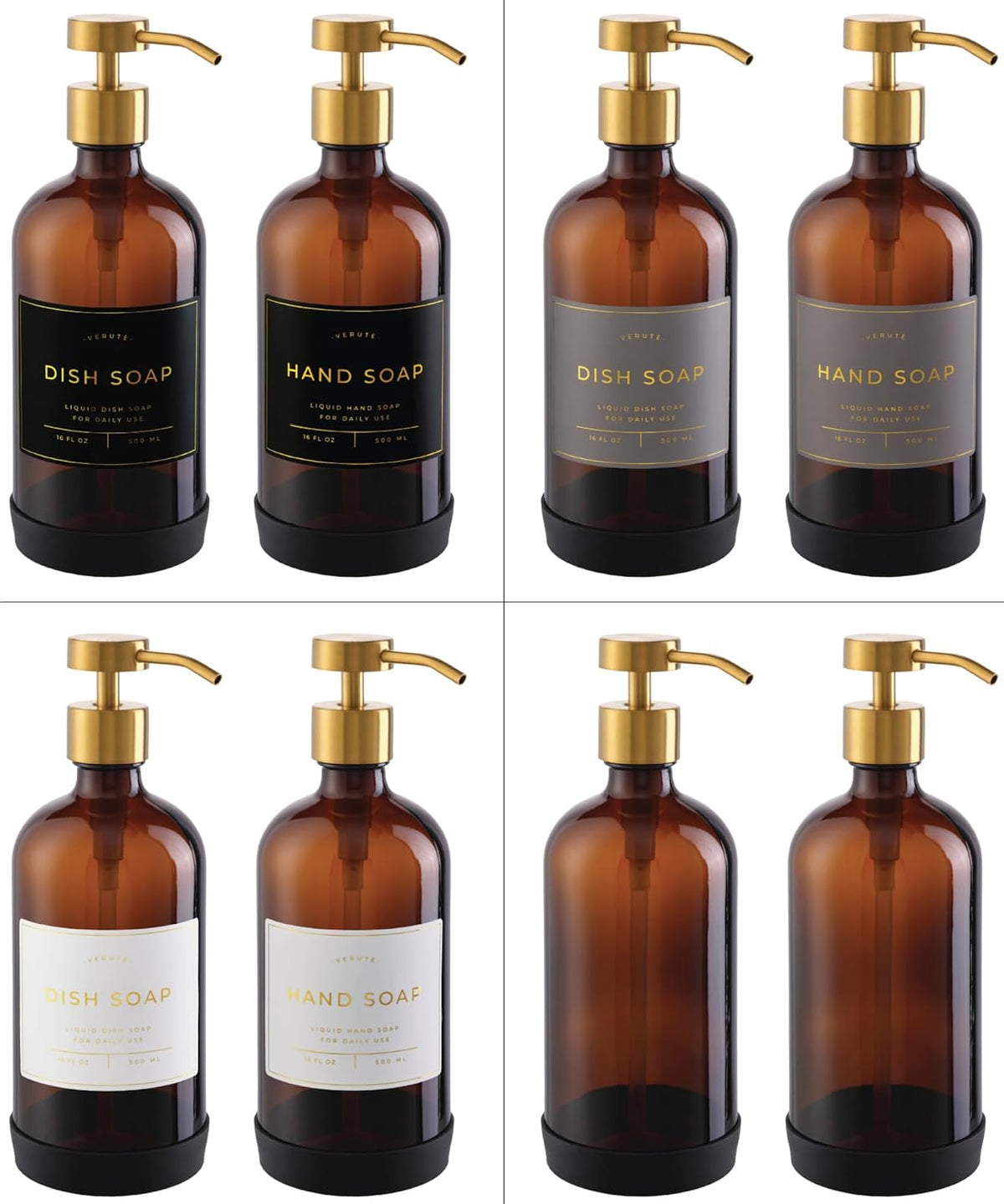 16oz Glass Soap Dispenser with Stainless Steel Pump, 21 Waterproof Labels, Non-Slip Protective