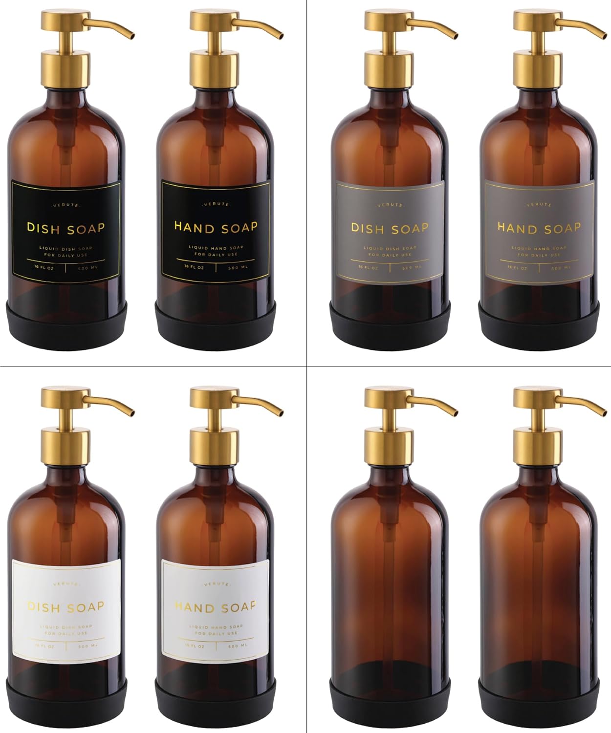 16oz Glass Soap Dispenser with Stainless Steel Pump, 21 Waterproof Labels, Non-Slip Protective