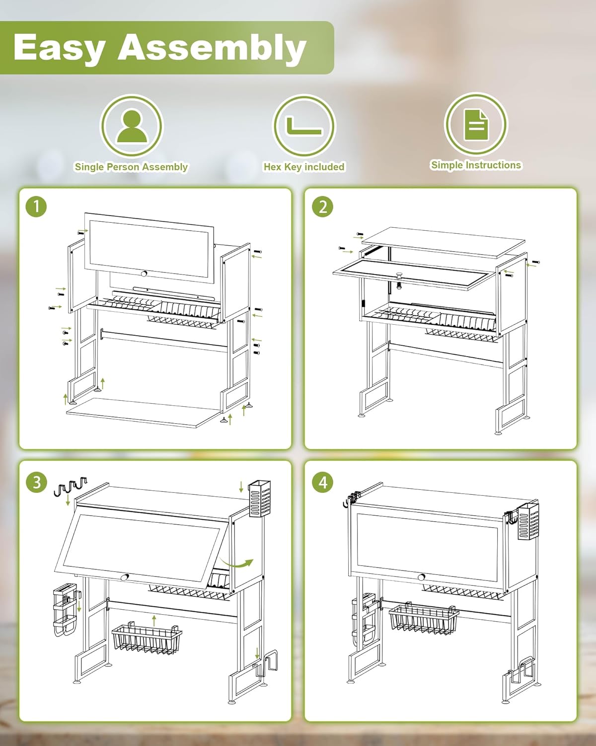 Over The Sink Dish Drying Rack 3-Tier Dish Drainer Racks with Cover Space-Saving Kitchen Organizer