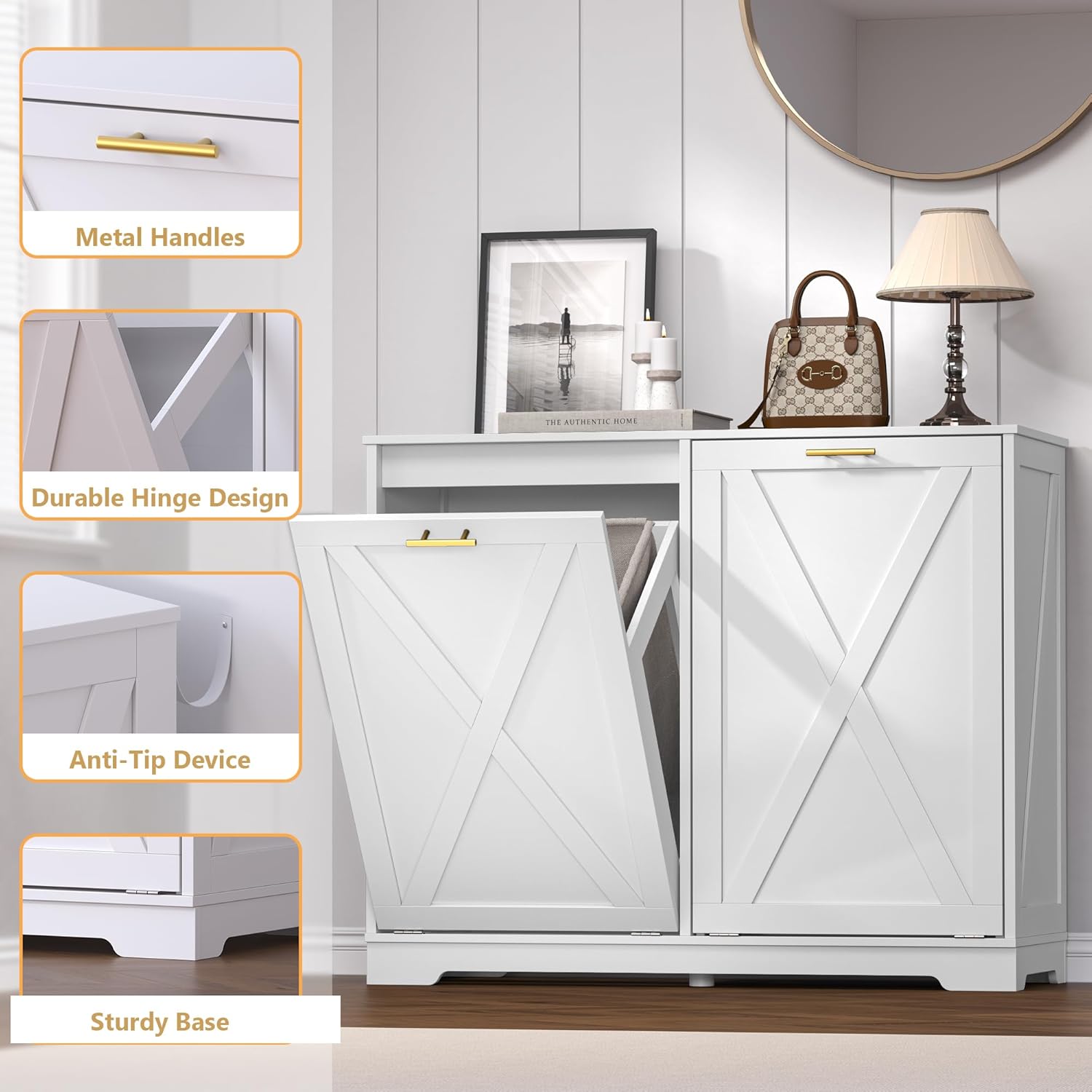 Tilt Out Trash Can Cabinet for 2 Bins, Hidden Recycle Garbage Bin Enclosure, Wooden Double Laundry
