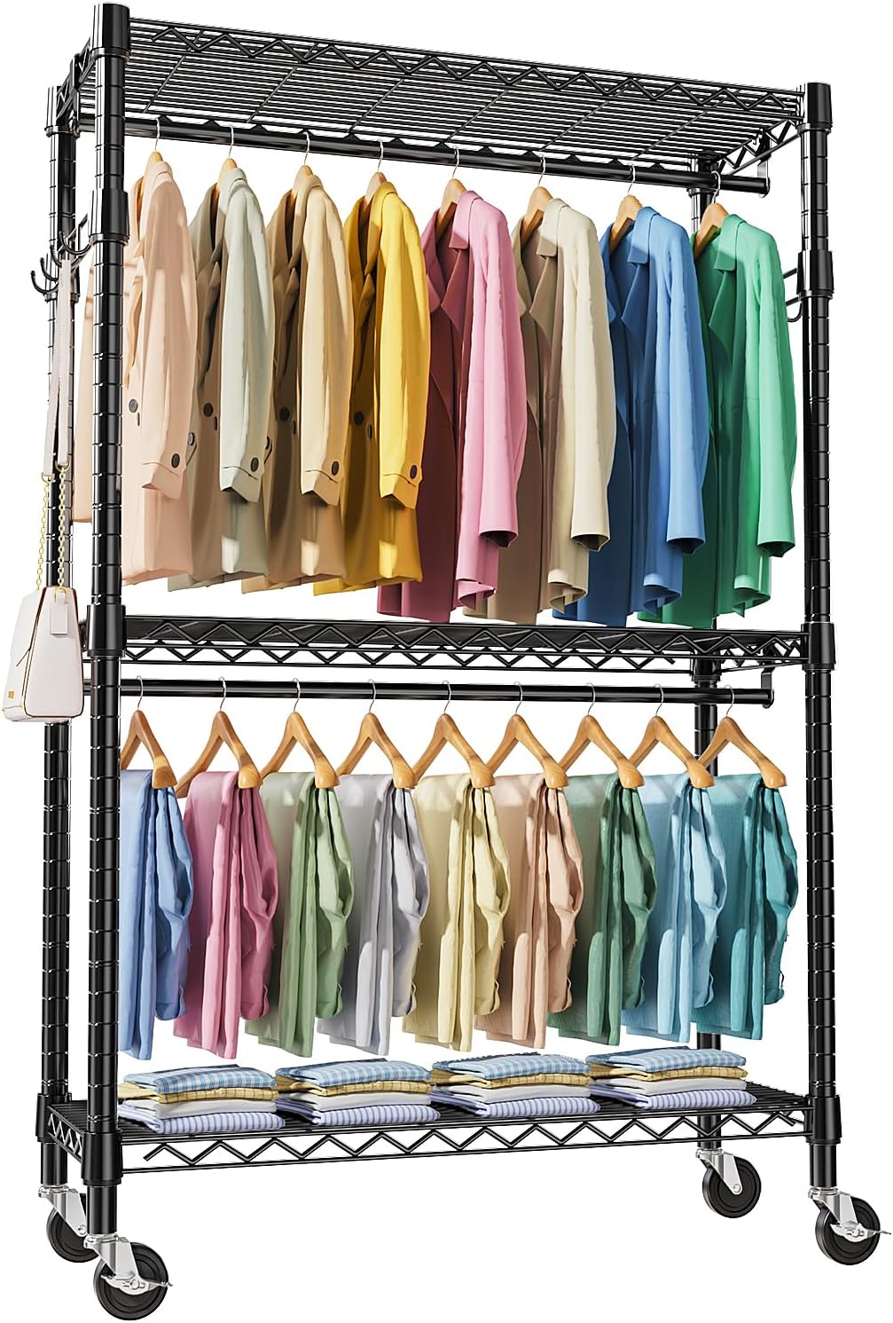 Heavy Duty Rolling Garment Rack 3 Tiers Adjustable Wire Shelving Clothes Rack with 2 Rods and Side