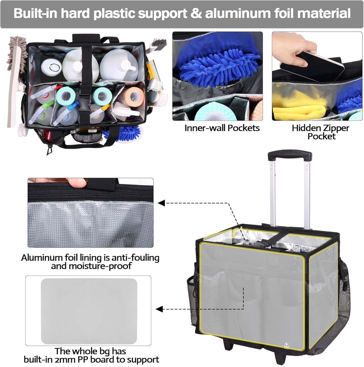 Extra Large Rolling Cleaning Caddy Bag with Detachable, Foldable Trolley Portable Cleaning Cart for
