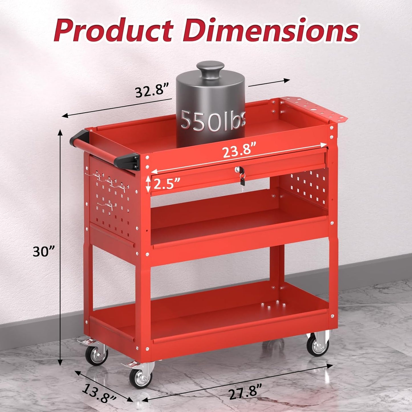 3 Tier Rolling Tool Cart on Wheels, Heavy Duty Service Cart Industrial Utility Cart with Drawer and