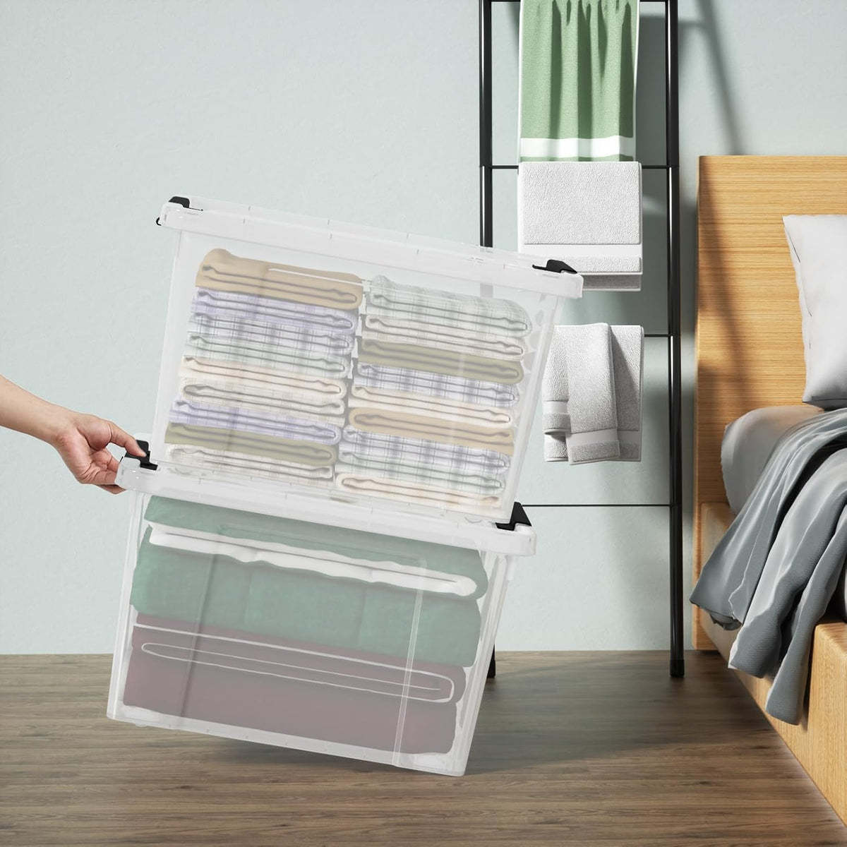 35 Quart Latching Storage Box with Wheels, See-Through Base Plastic Container Bins with Secure