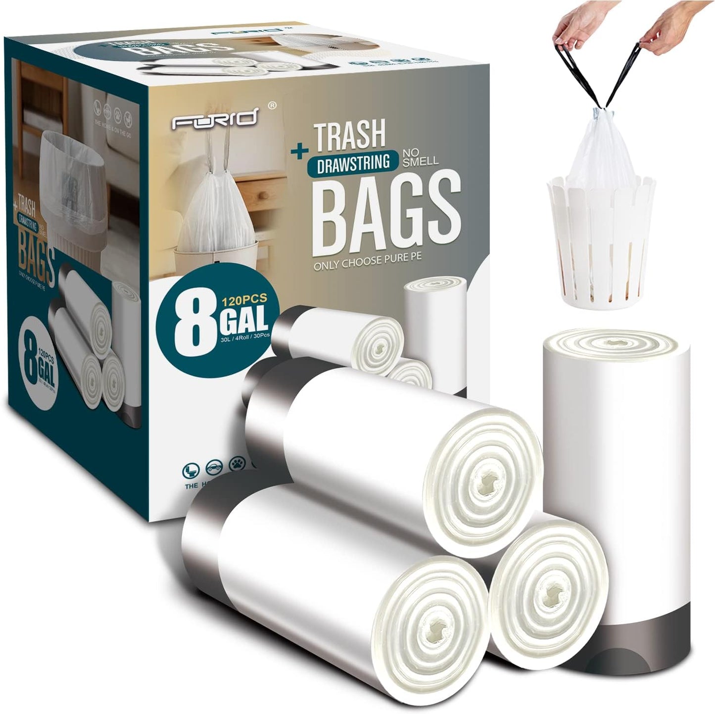 FORID Medium Drawstring Trash Bags - Plastic Garbage Bags 8 Gallon (30 Liter) White Disposable Can